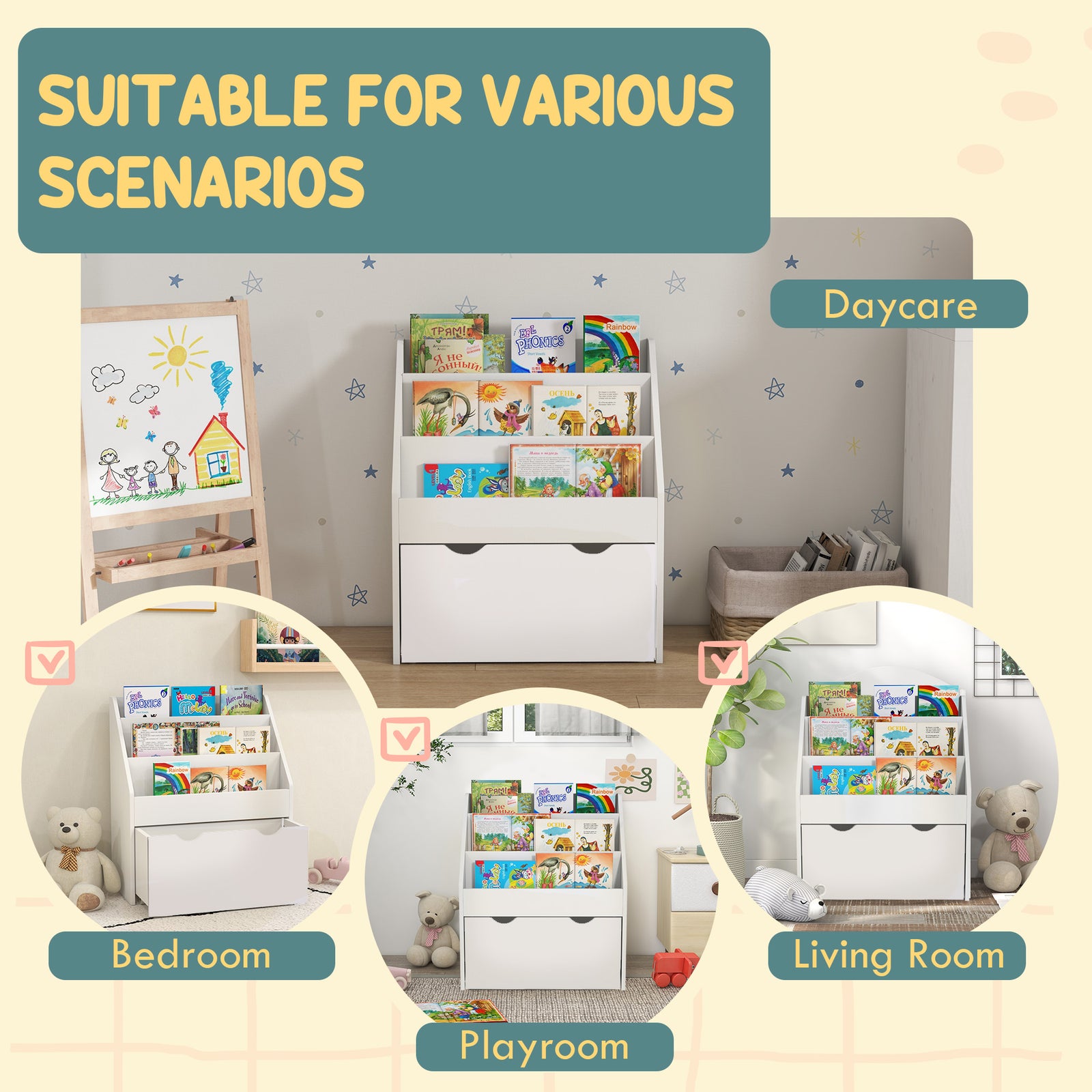Kids Bookcase W/ 3 Tier Shelves, Drawer, For Bedroom, Nursery | White