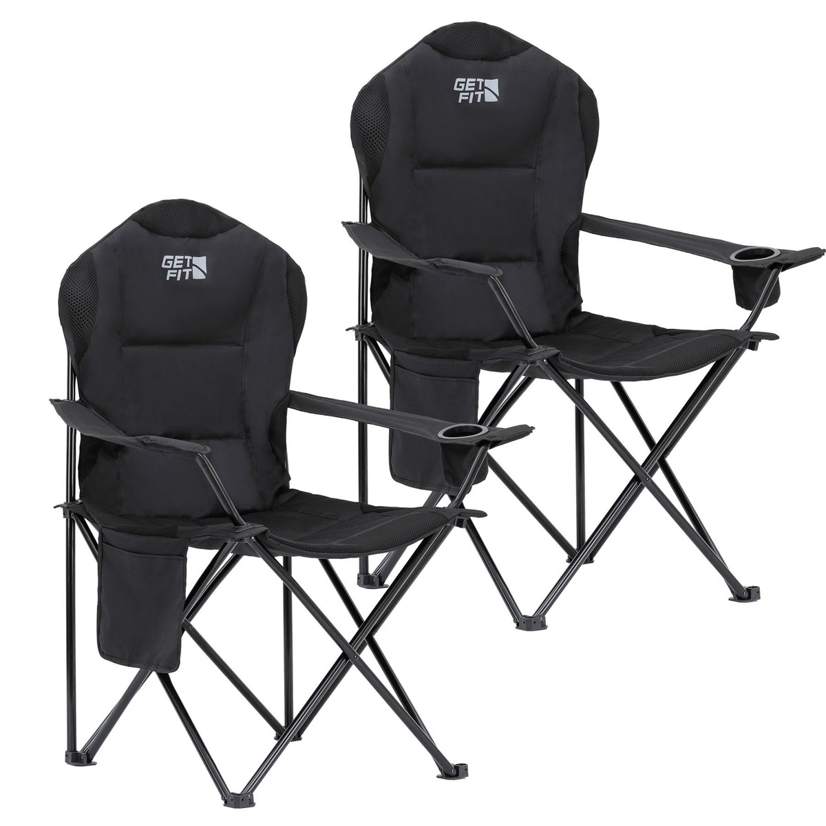 Premium Camping Chair - Thick Padded Folding Chair For Adults With Magazine Pocket, Cup Holder & Carry Bag - Lightweight 3kg - Heavy Duty Foldable Picnic Chair | Set of 2 | Jet Black