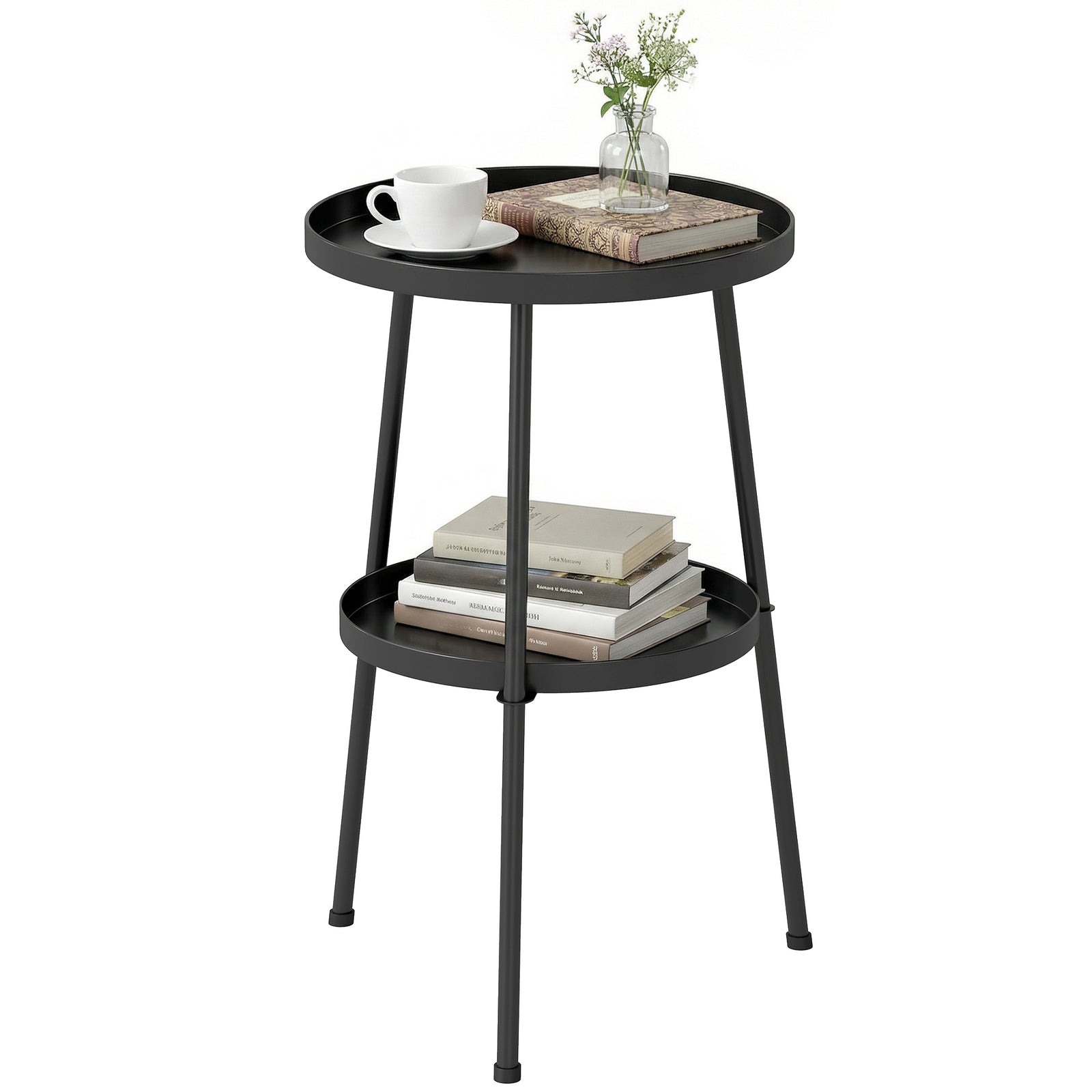 Patio Side Table, 2-tier Round Coffee End Table | Black