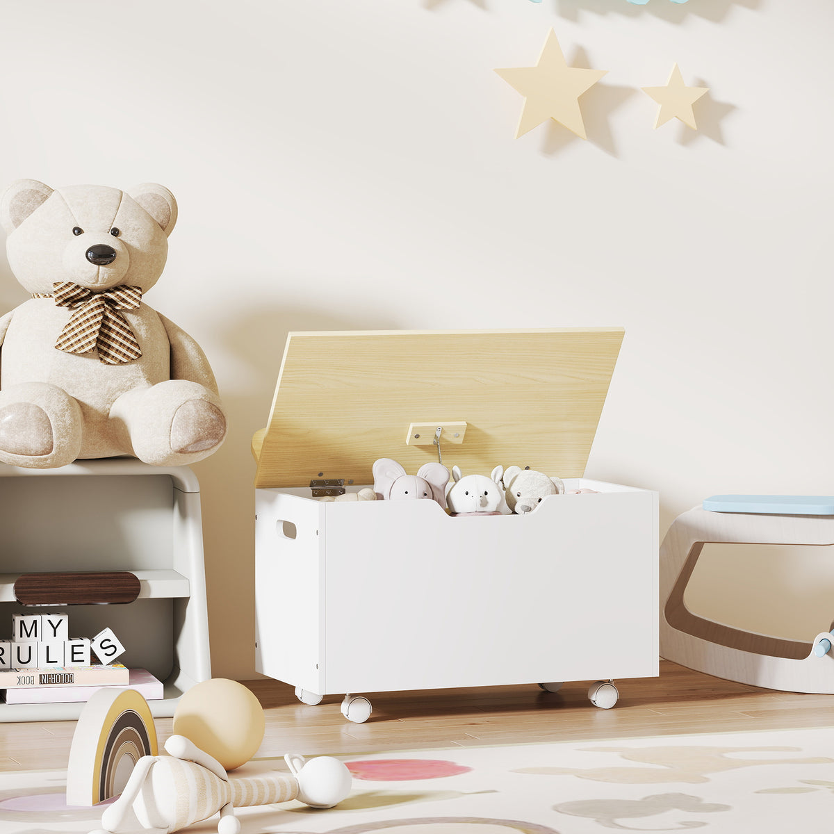 AIYAPLAY Toy Box For Kids, Toy Chest With Wheels And Safety Hinges, White