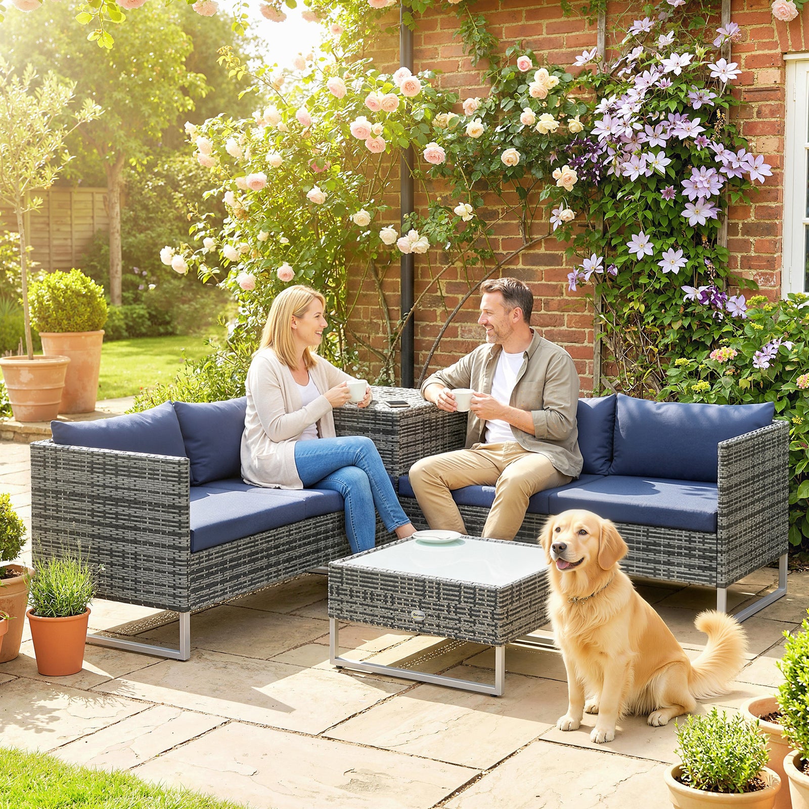 Rattan Garden Furniture Set With Storage Table, Cushions | Dark Blue