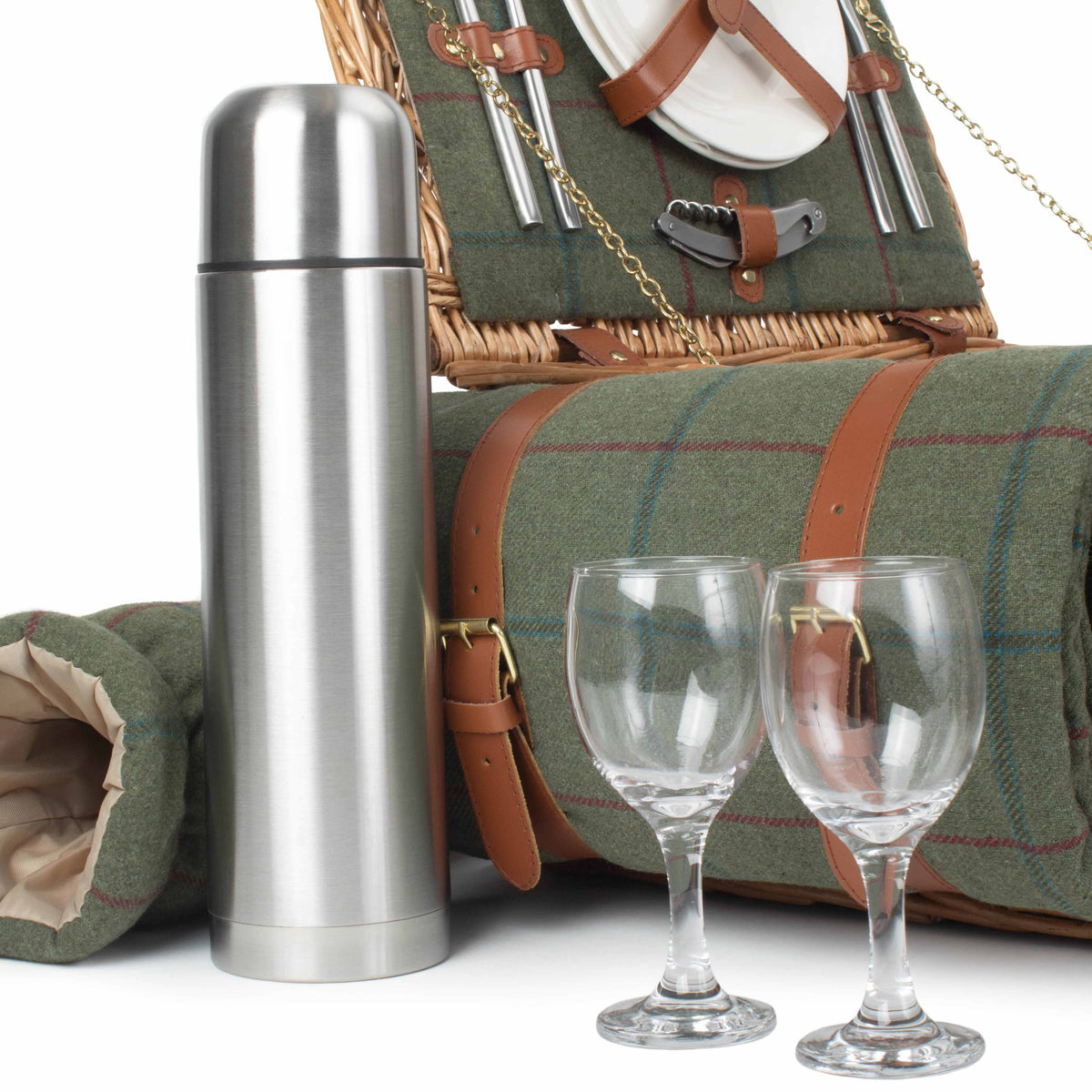 Deluxe Green Tweed Fitted Picnic Wicker Basket | 2 Person | Green