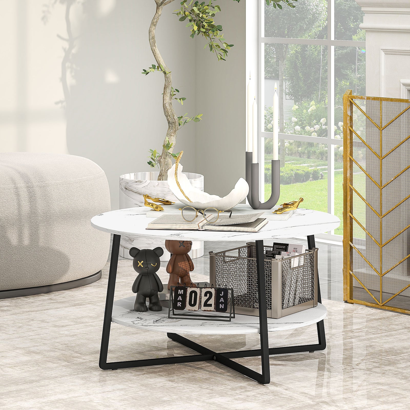 Round Coffee Table With Storage Shelf And Marble Effect Top