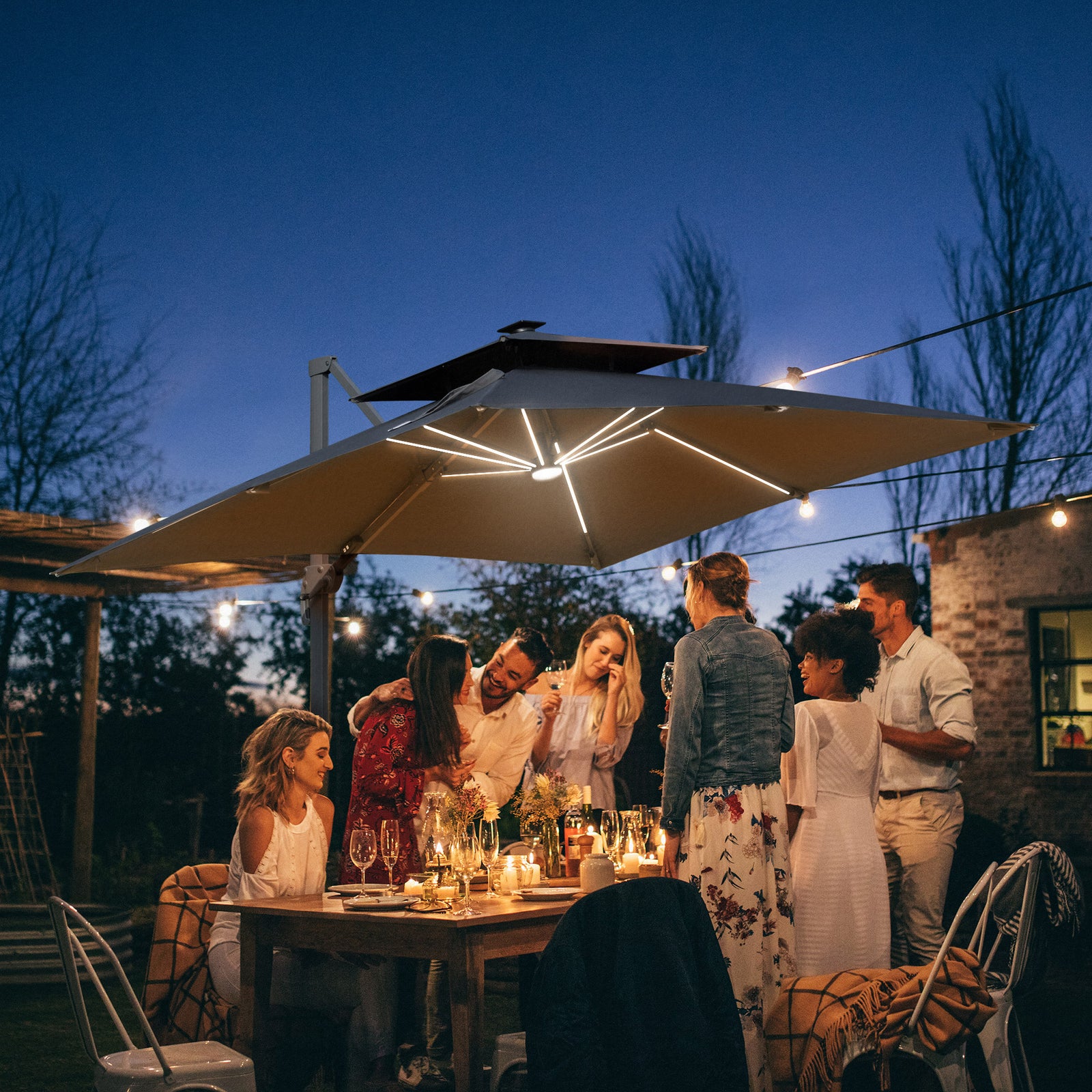 3m Cantilever Parasol W/ Solar Led, Crank, Cross Base