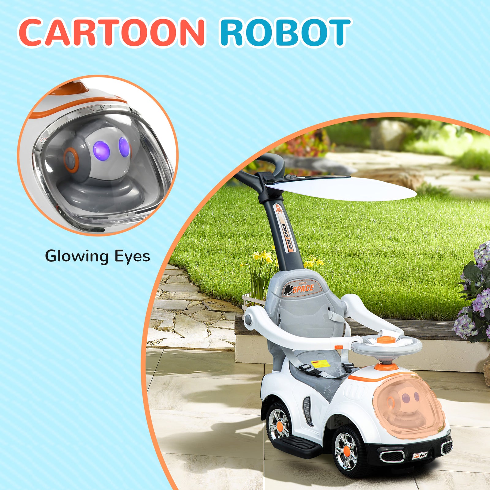 3 In 1 Ride On Push Car, Cartoon Robot Foot To Floor Slider | White
