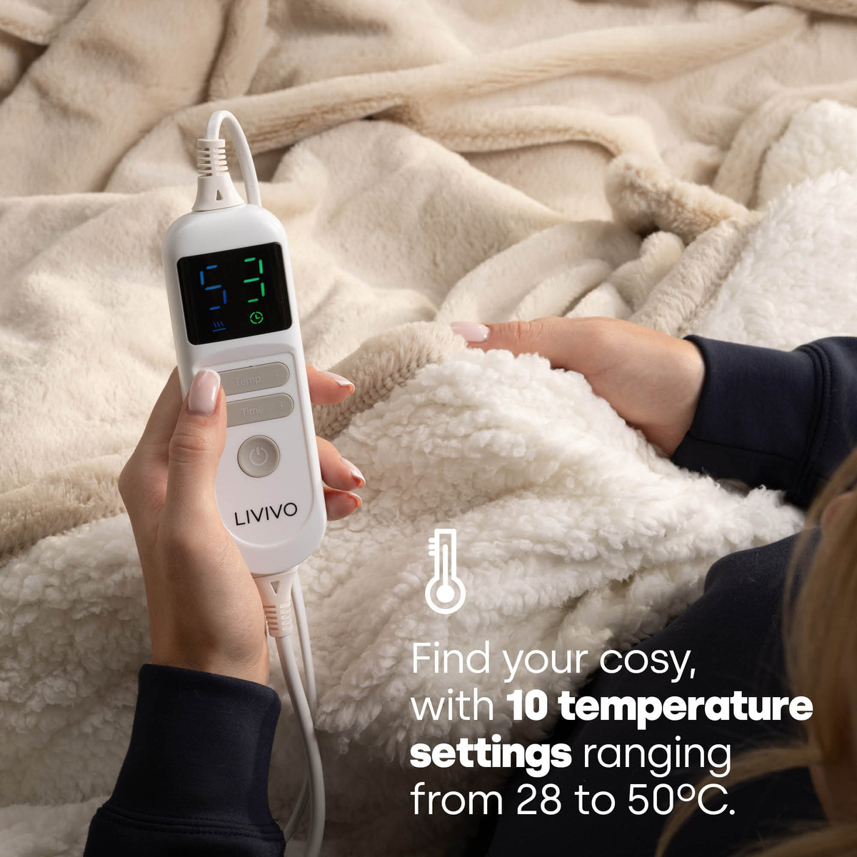 Livivo Premium Sherpa Heated Throw Beige Electric Blanket With 10 Heat Levels 9 Hour Timer Auto Shut Off Washable Design