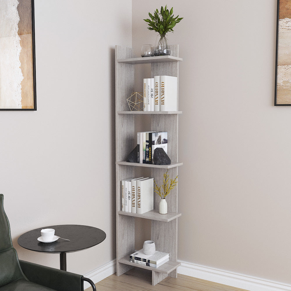 Modern 5-tier Corner Bookshelf Shelf Unit | Grey
