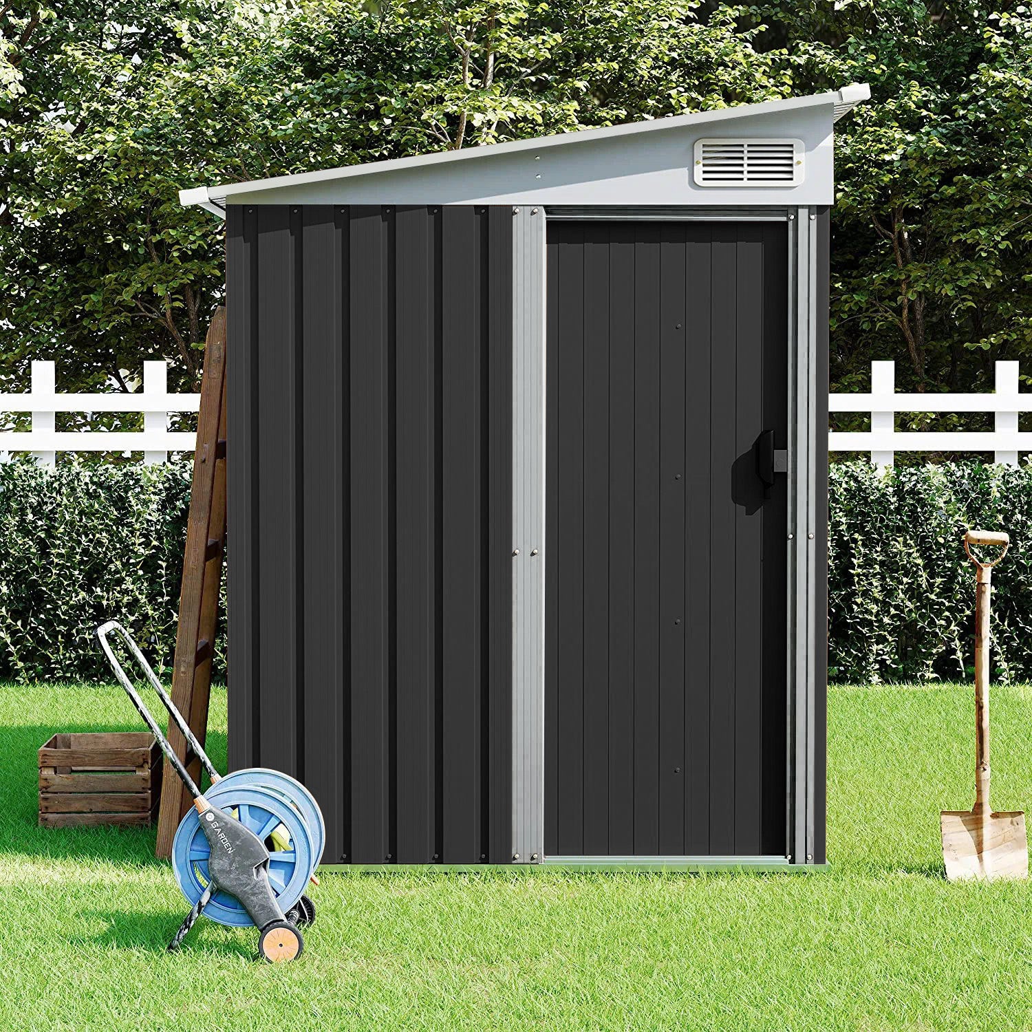 5x7ft Metal Storage Shed With Built-in Metal Shelves, Ventilation, And Sliding Door