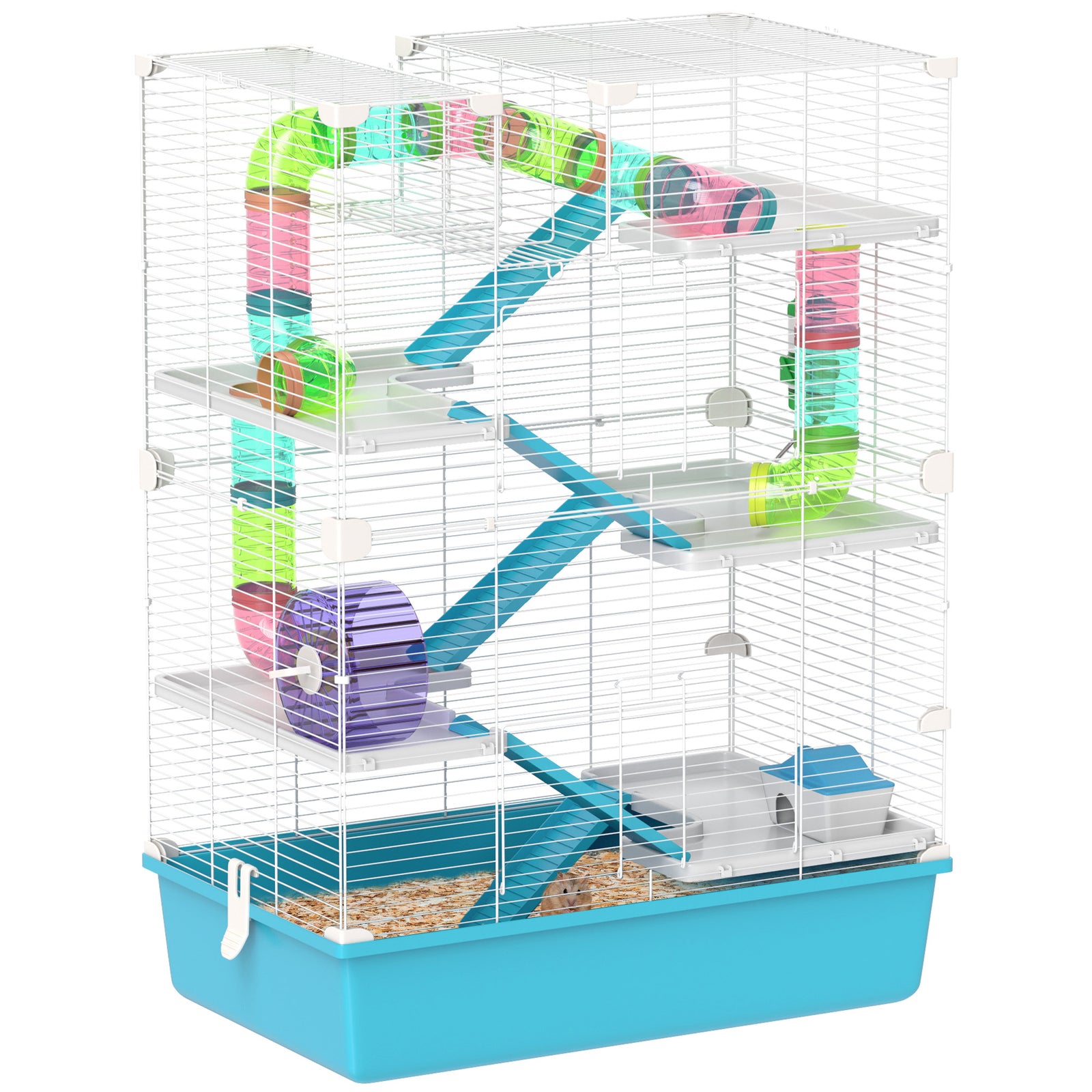 Pawhut 6 Tier Hamster Cage With Twin Tower And Accessories, Light Blue