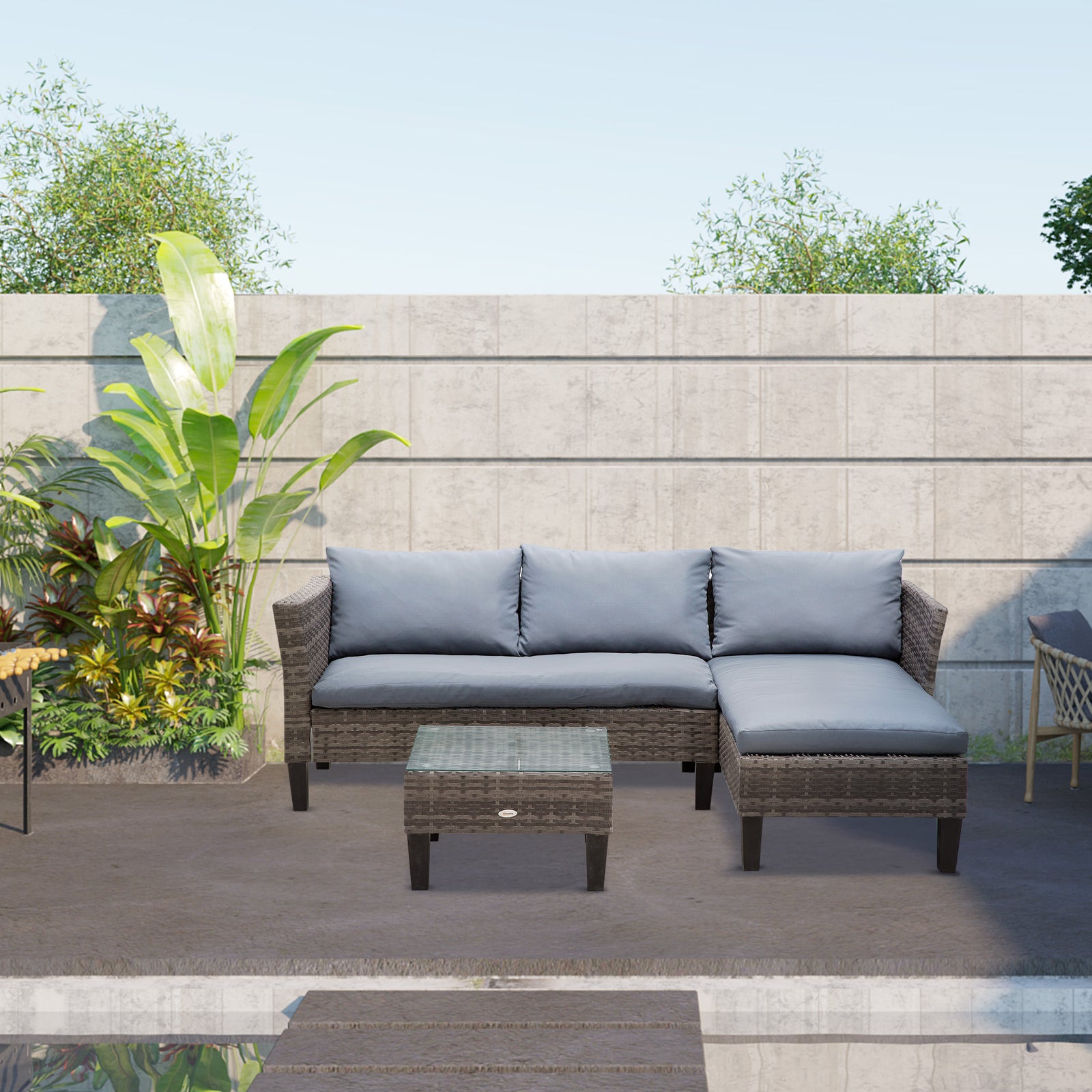 3 Pcs Garden Sofa Set Square Coffee Table Grey