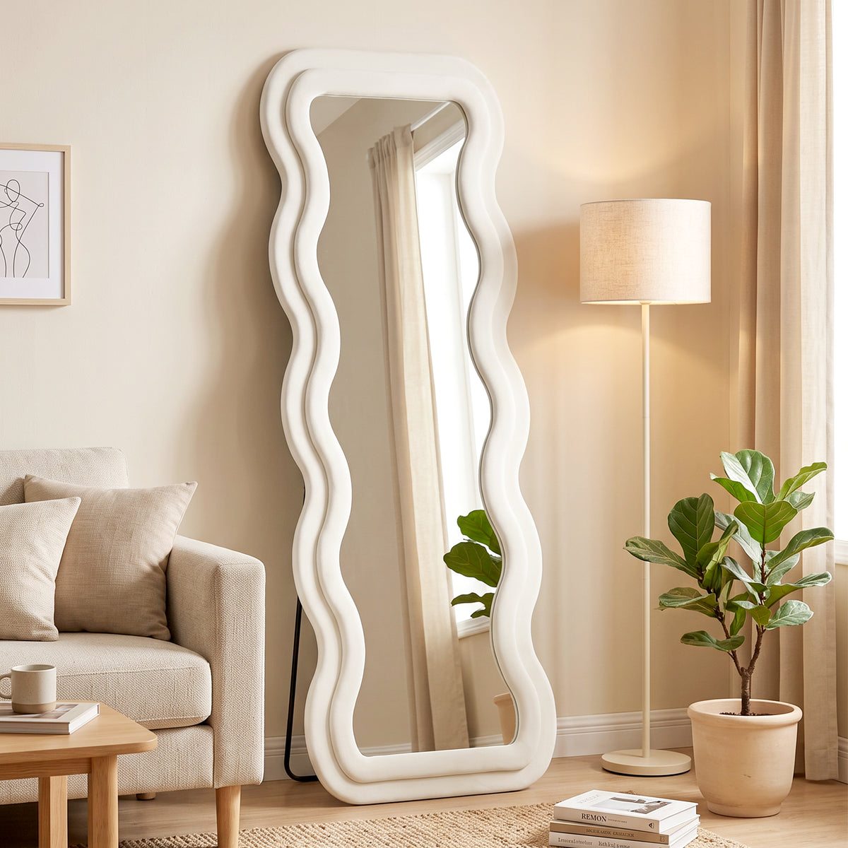 HOMCOM Full Length Mirror, 160 X 60 Cm Velvet Wall Standing Mirror, Cream