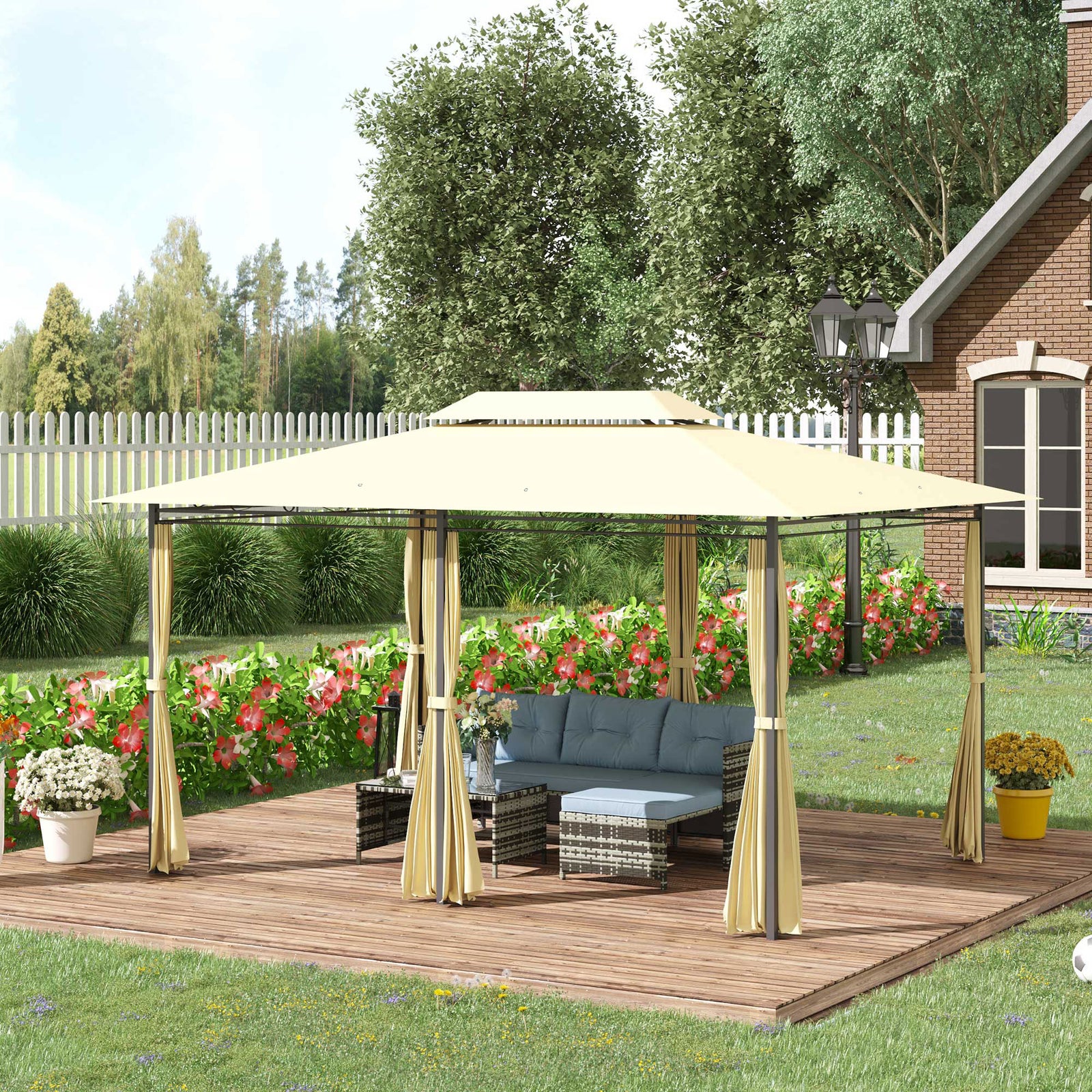 3 X 4m Outdoor 2-tier Steel Frame Gazebo W/ Curtains Outdoor | Beige