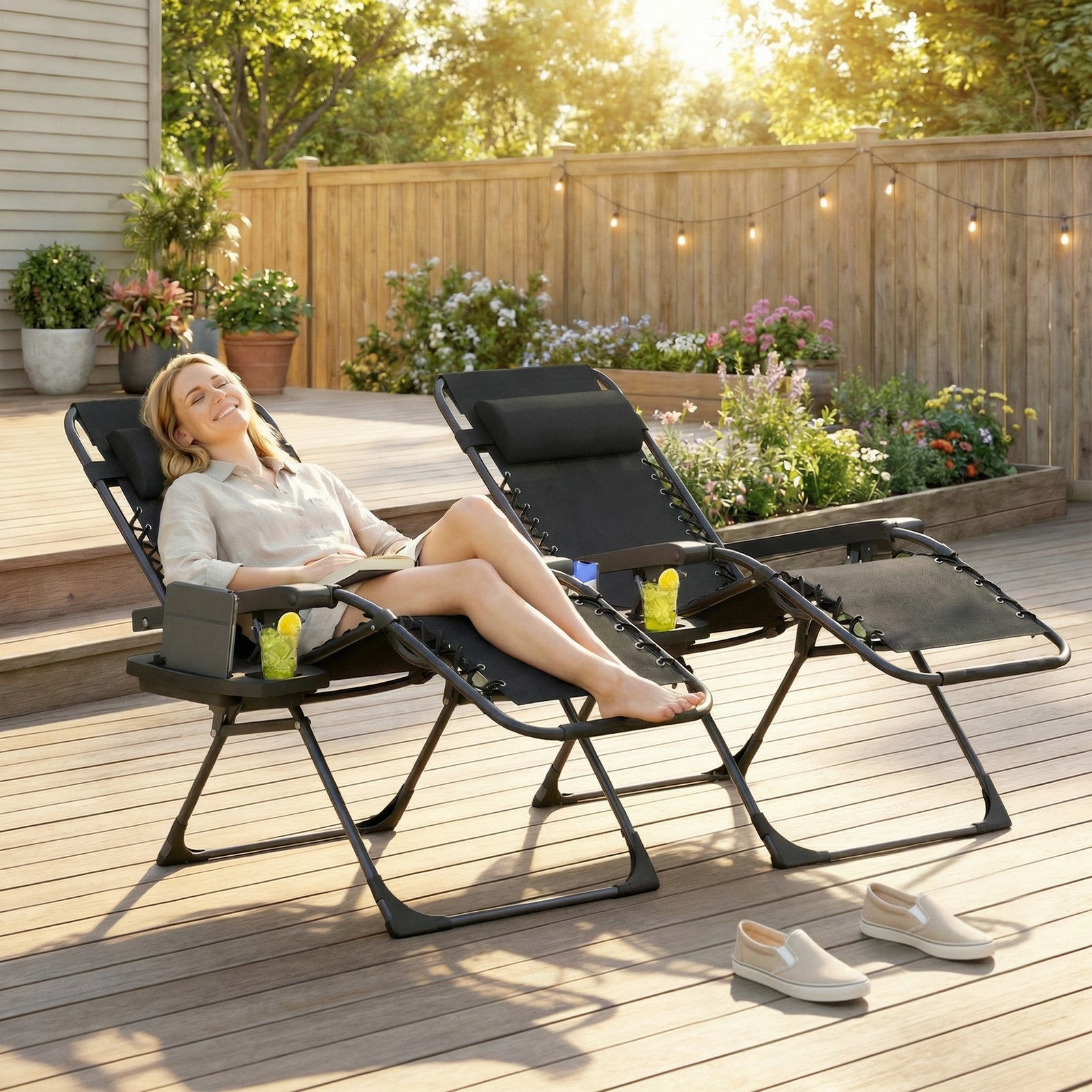 Zero Gravity Chairs Set Of 2 With Cup Holder, Headrest | Black