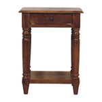 Solid Wood Turned Legs Chestnut Side Table, 1 Drawer And 1 Lower Shelf, Dark Brown