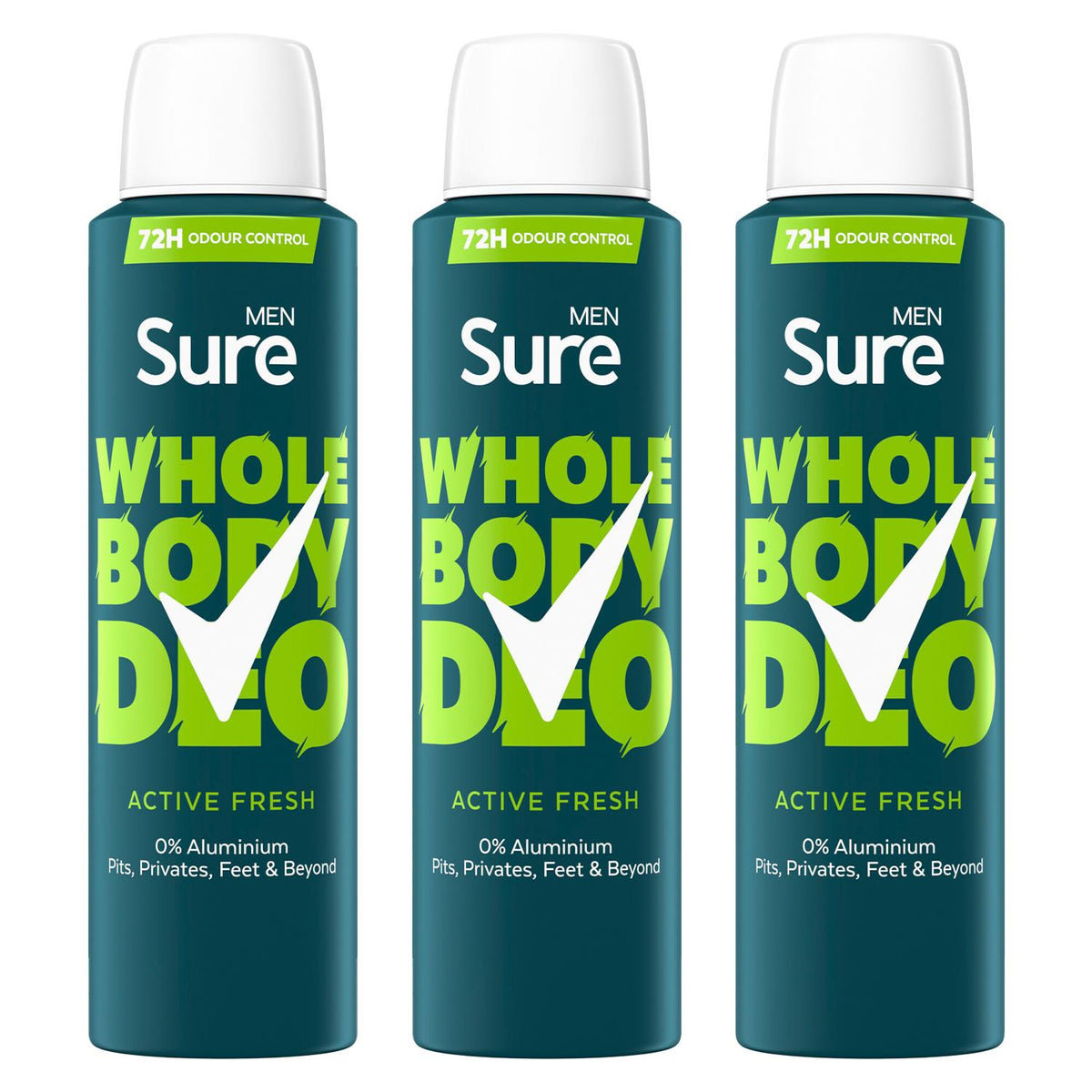 Men Whole Body Deodorant Spray Active Fresh W/ 72h Odour Control 150ml, 3pk | Set of 3