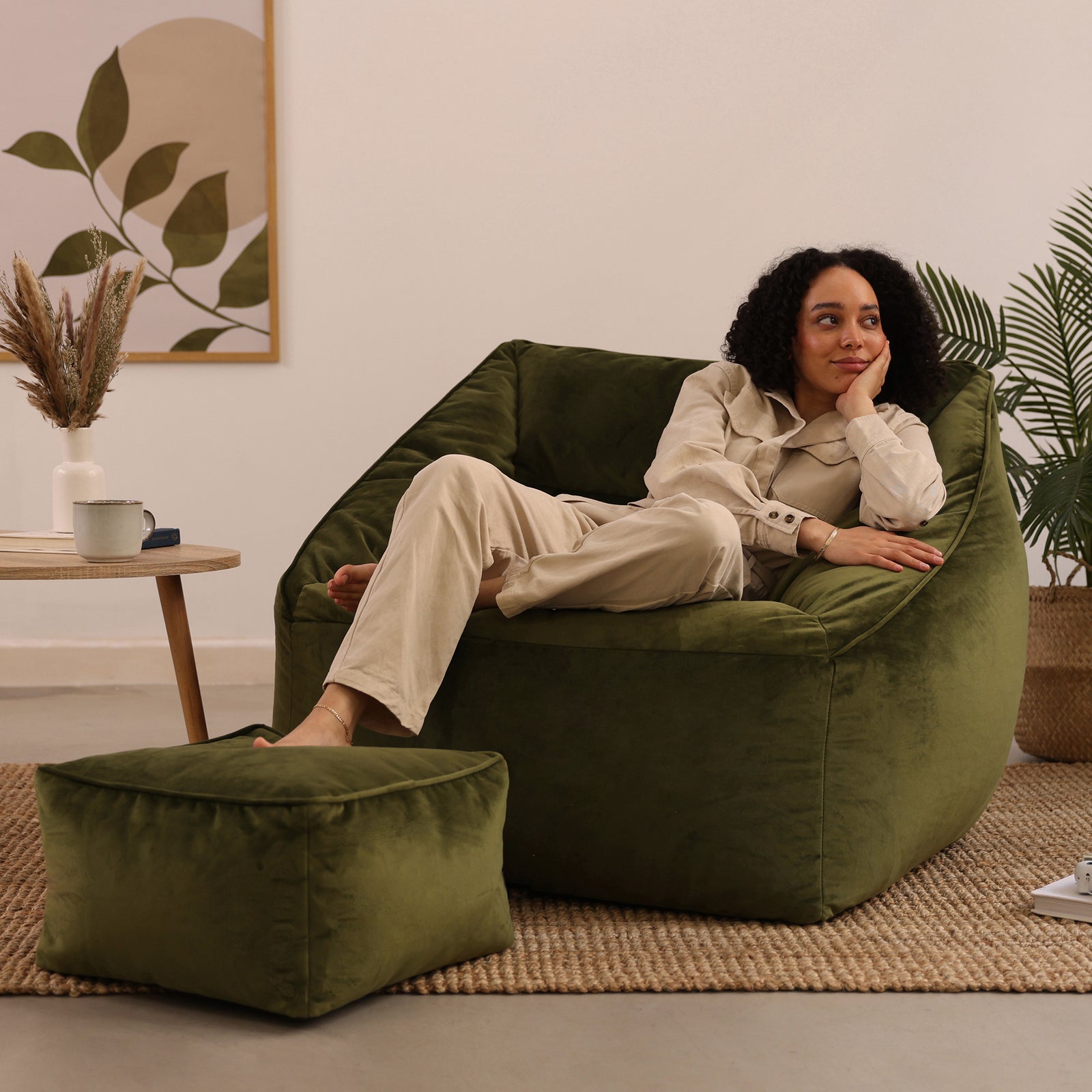 Natalia Velvet Armchair & Footstool Set | Olive