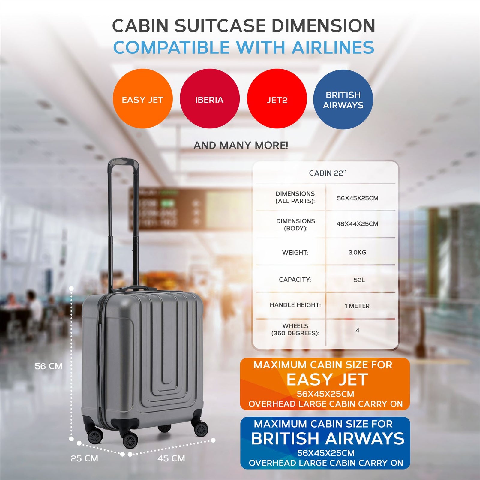 56x45x25cm Large Cabin Carry On Case - Overhead Luggage Suitcase - 4 Spinner Wheels - Abs Hard Shell Cabin Bag | Cabin | Anthracite
