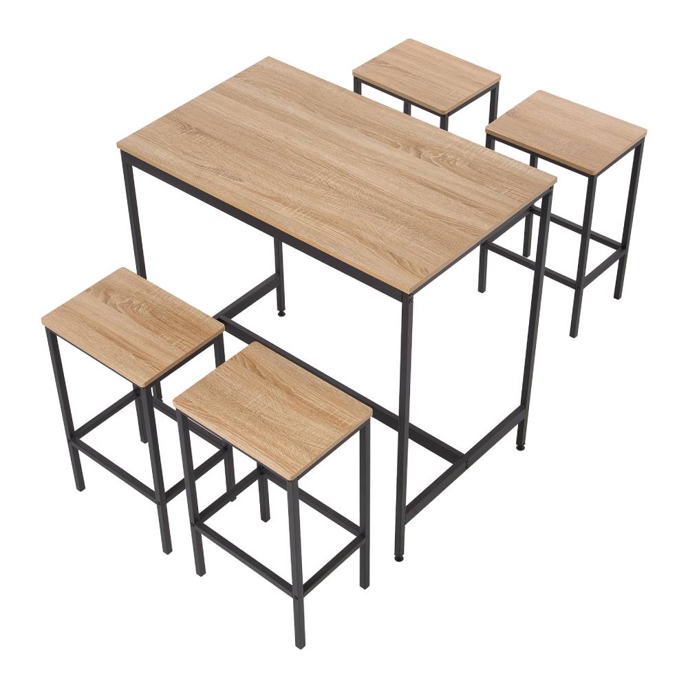 5-piece Bar Table Set With 4 Stools, Industrial Wood Grain Breakfast Bar Dining Set With Black Metal Frame