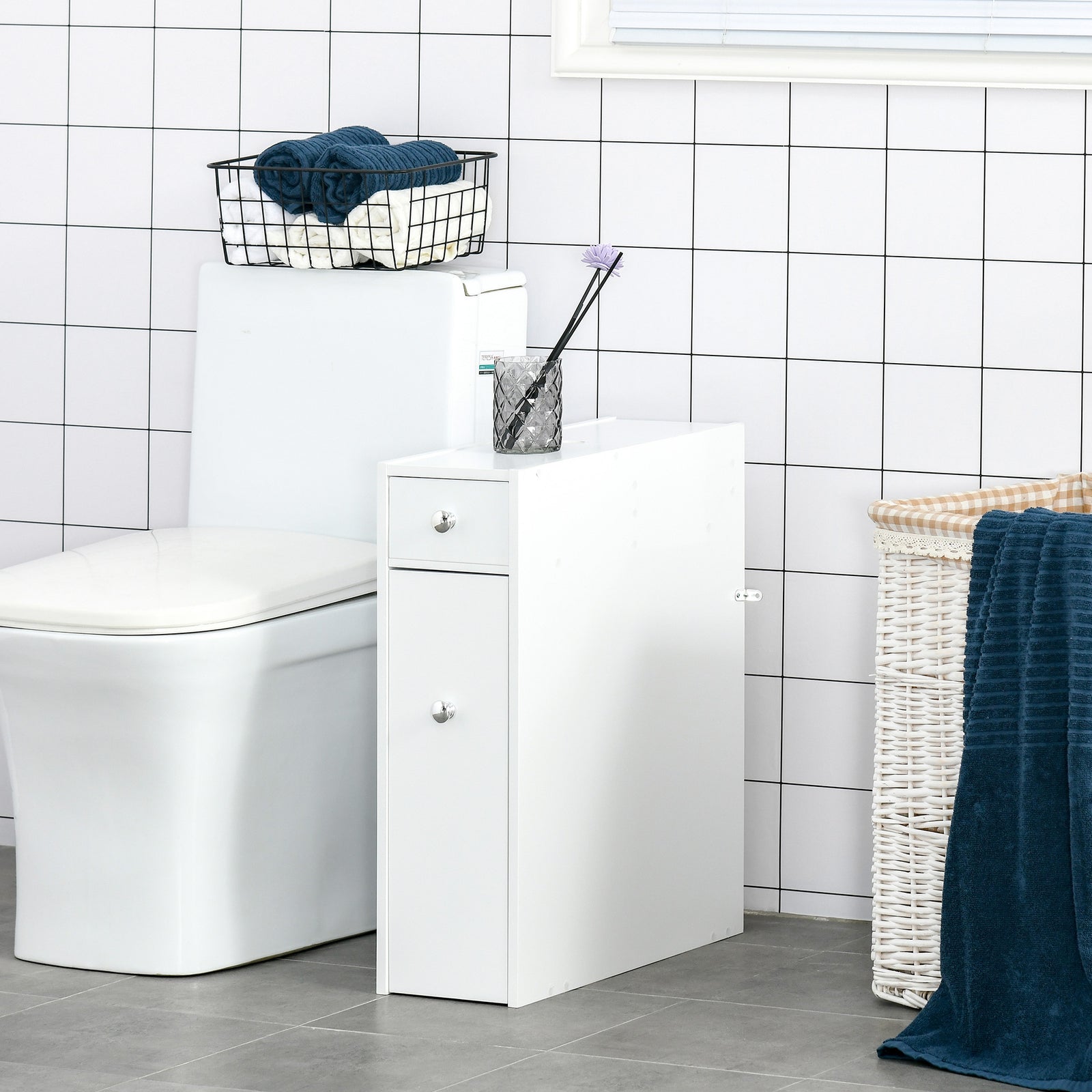 Slim Floor Cabinet Narrow Wooden Storage With Drawers