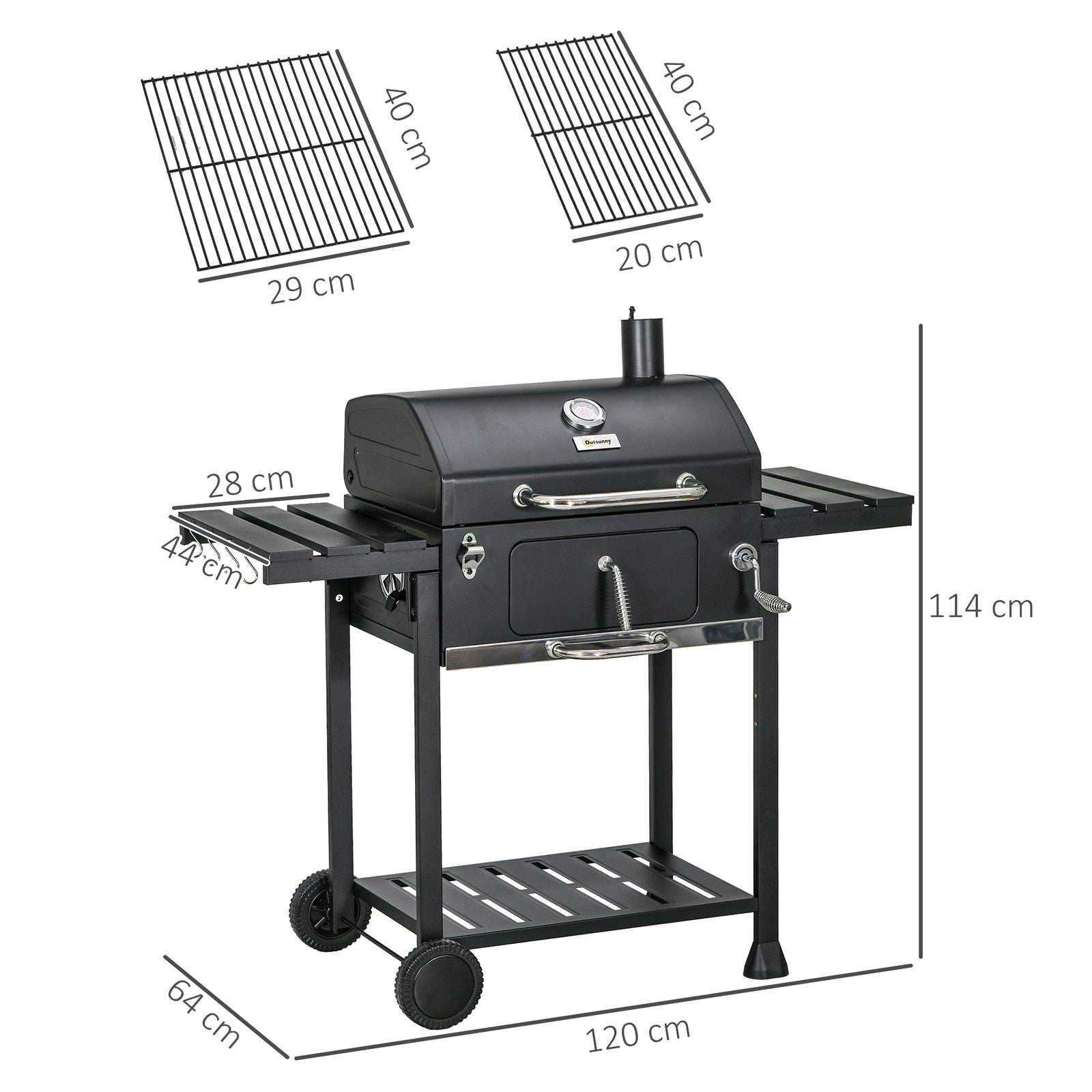 Charcoal Grill Trolley, Adjustable Pan, Shelves | Black