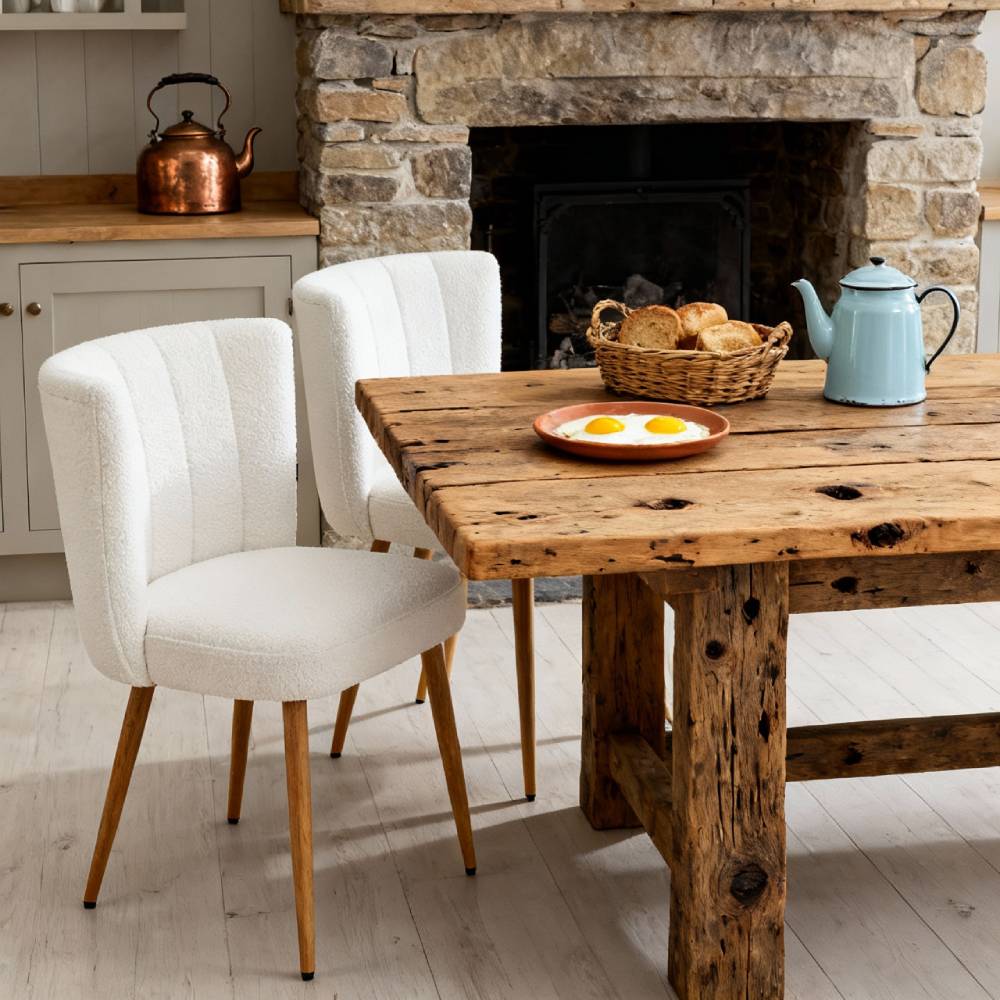 Set Of 2 Teddy Fleece Dining Chairs – Quilted White Upholstery, Wooden Frame With Iron Legs