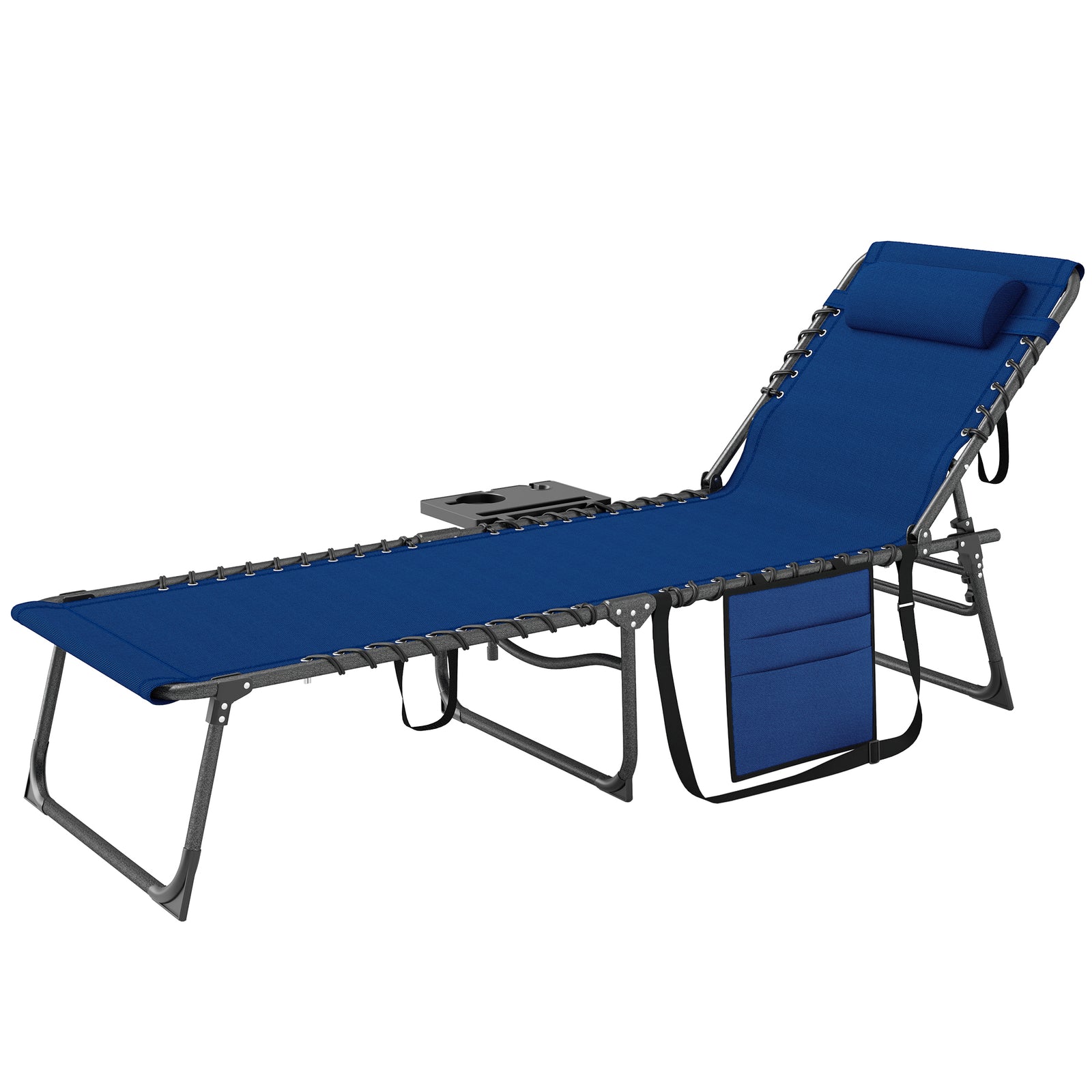 Folding Sun Lounger With 5-level Reclining Back, Side Table | Dark Blue