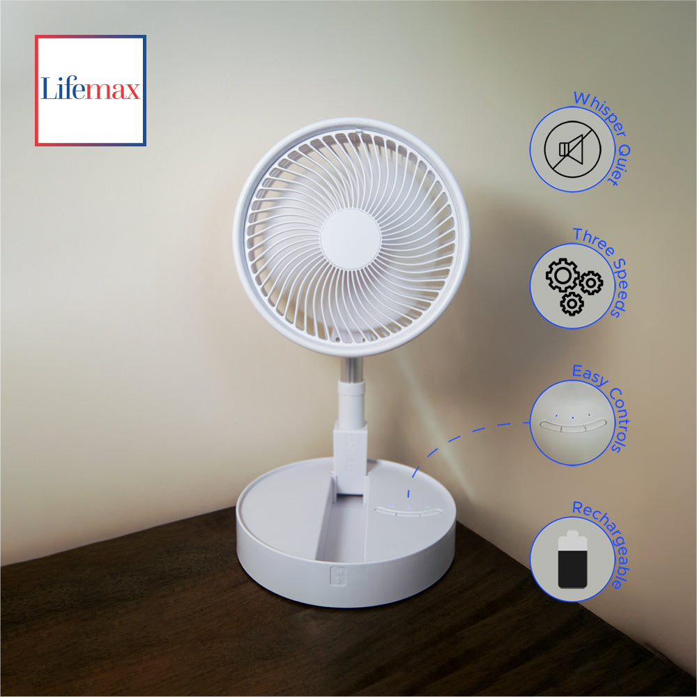 Foldaway Fan, Rechargeable, 12h Run, Extend To 90cm