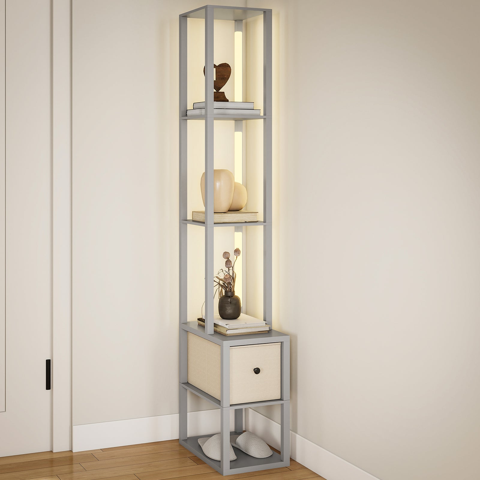 Floor Lamp With Shelves, Led Standing Lamp With Fabric Drawer | Grey