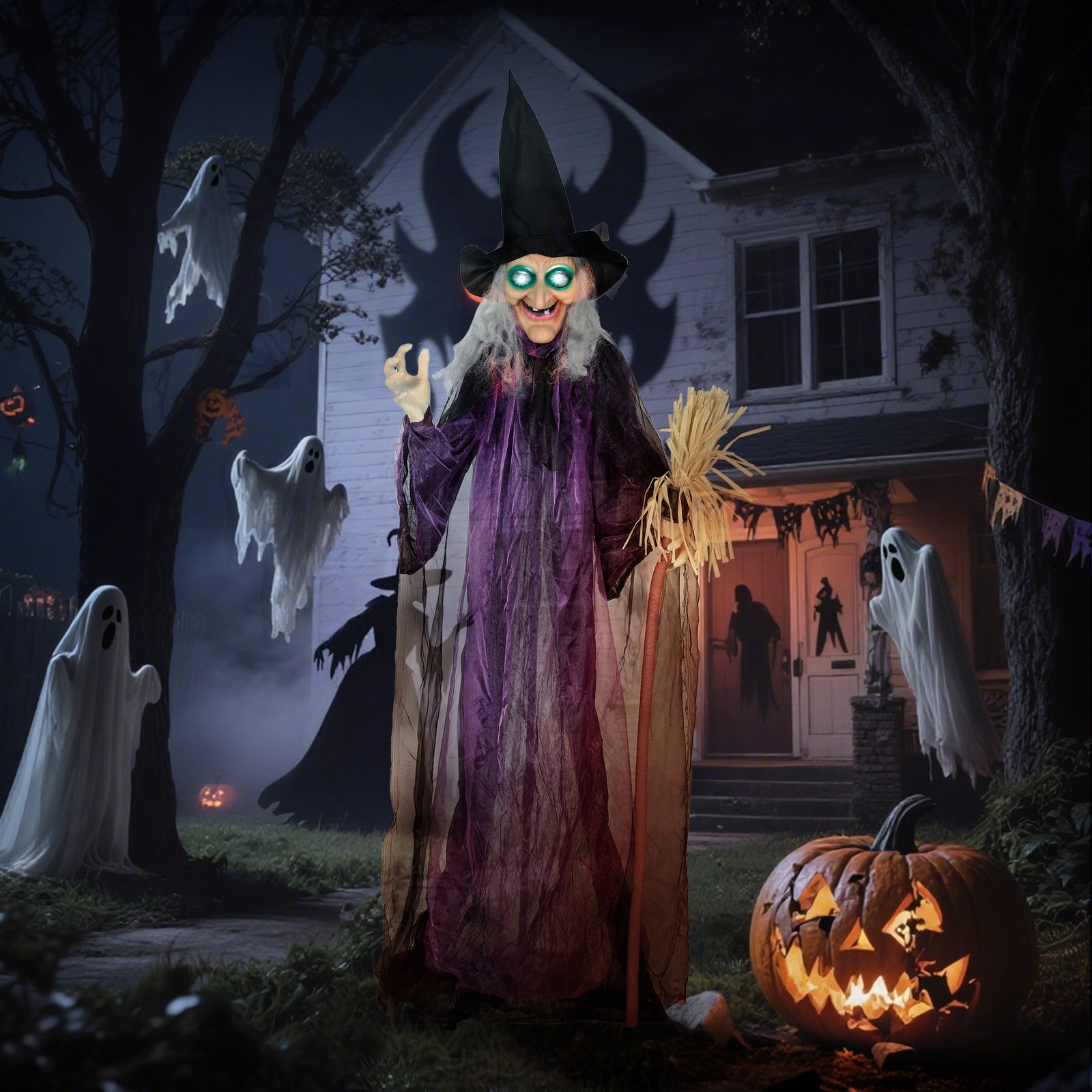 Voice Activated Halloween Animatronics Standing Witch | Purple