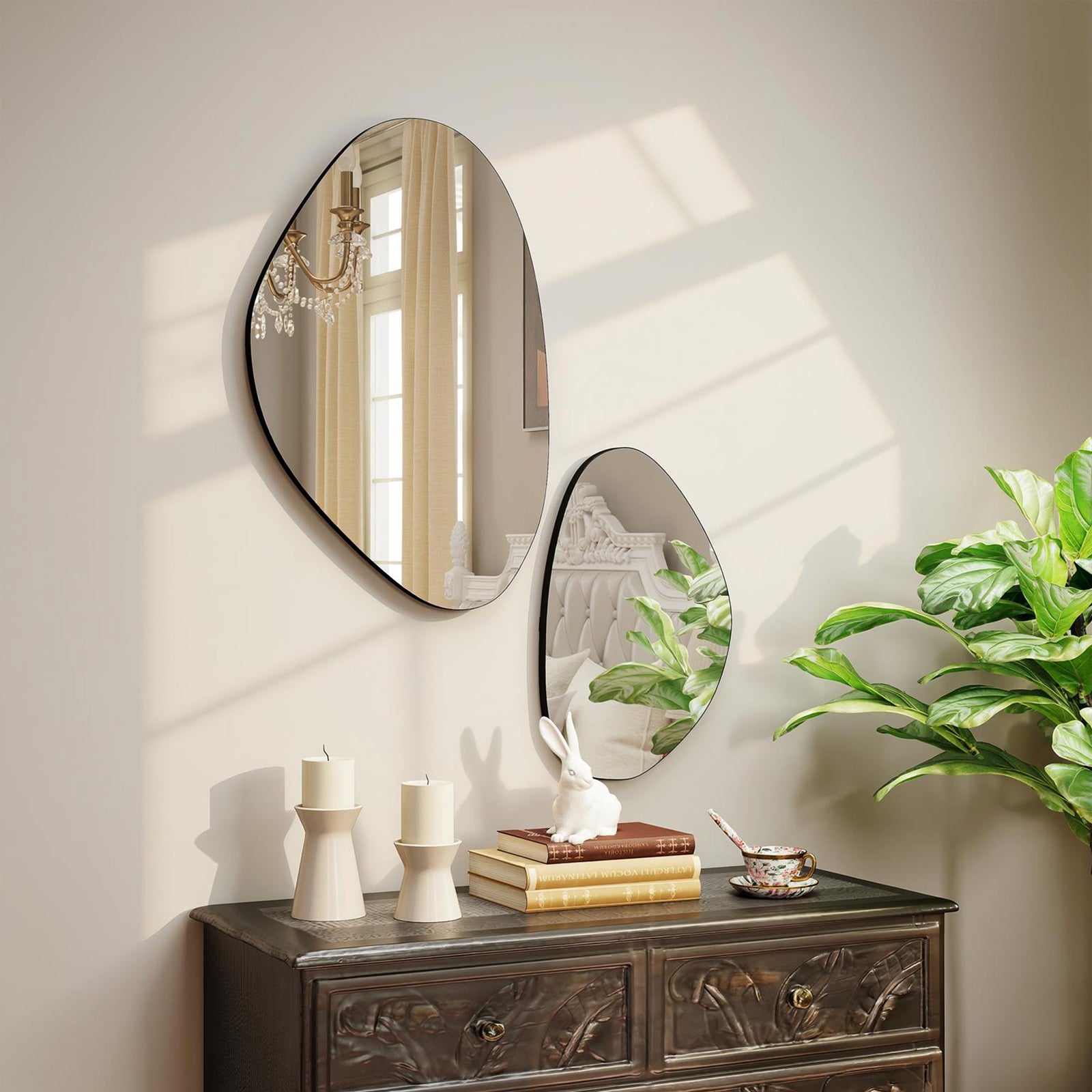Pebble-shaped Decorative Mirror, Set Of 2 Wall Mirror | Black