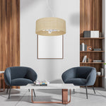 Marshall Hand Made Designer Pendant Lamp In Matt White Metal And Natural Rattan Coloured Fabric