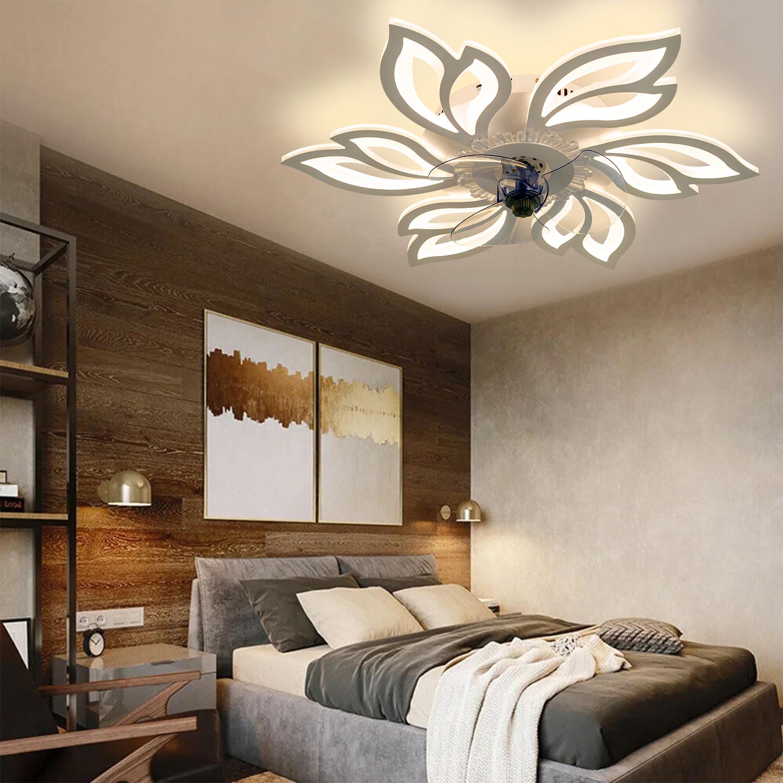 Pointed Petal Ceiling Fan Light 65cm Led With 3-color Dimming, Reversible Silent Dc Motor, 6-speed, Sleep Timer, 2.4g App & Remote Control | White