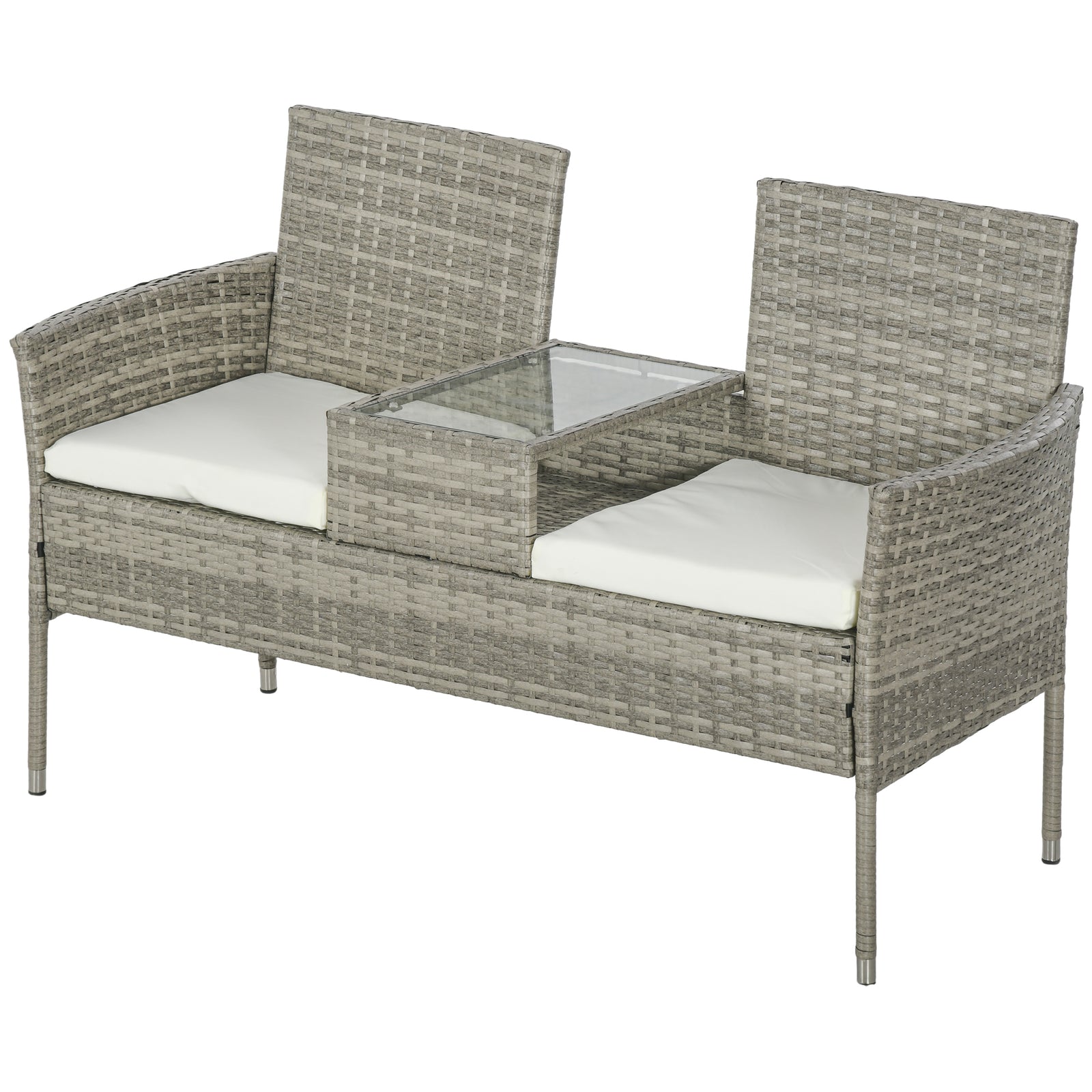 Rattan Garden Bench W/ Glass Table, Wicker Chair, Cushions | Gray