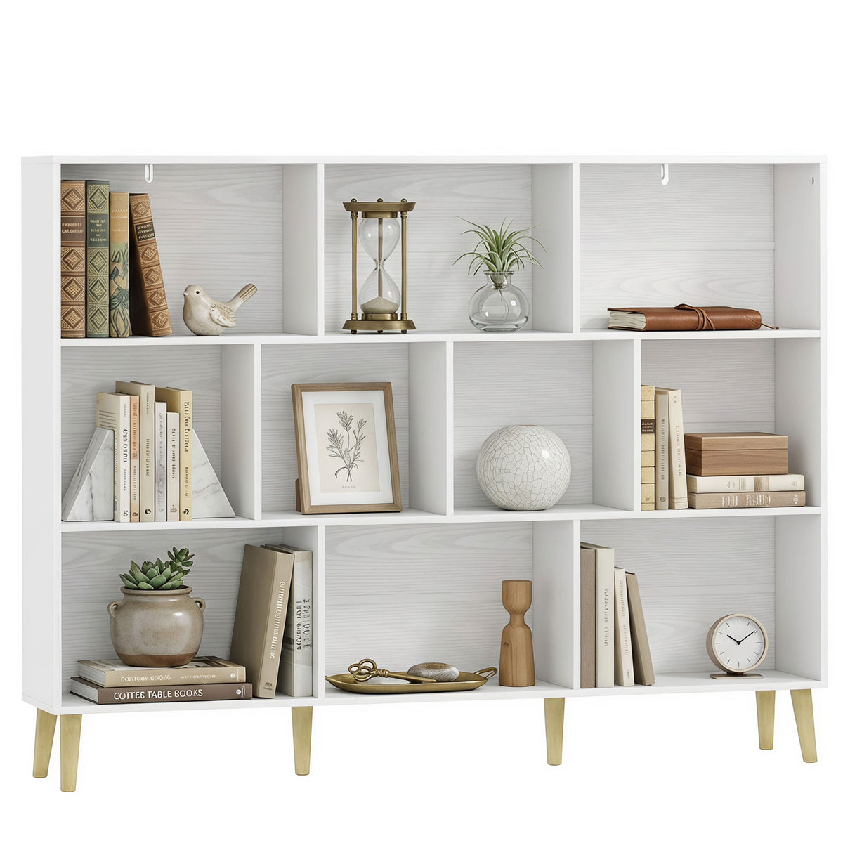 HOMCOM Bookshelf With 10 Cubbies, 3-tier Book Shelf With Wood Legs
