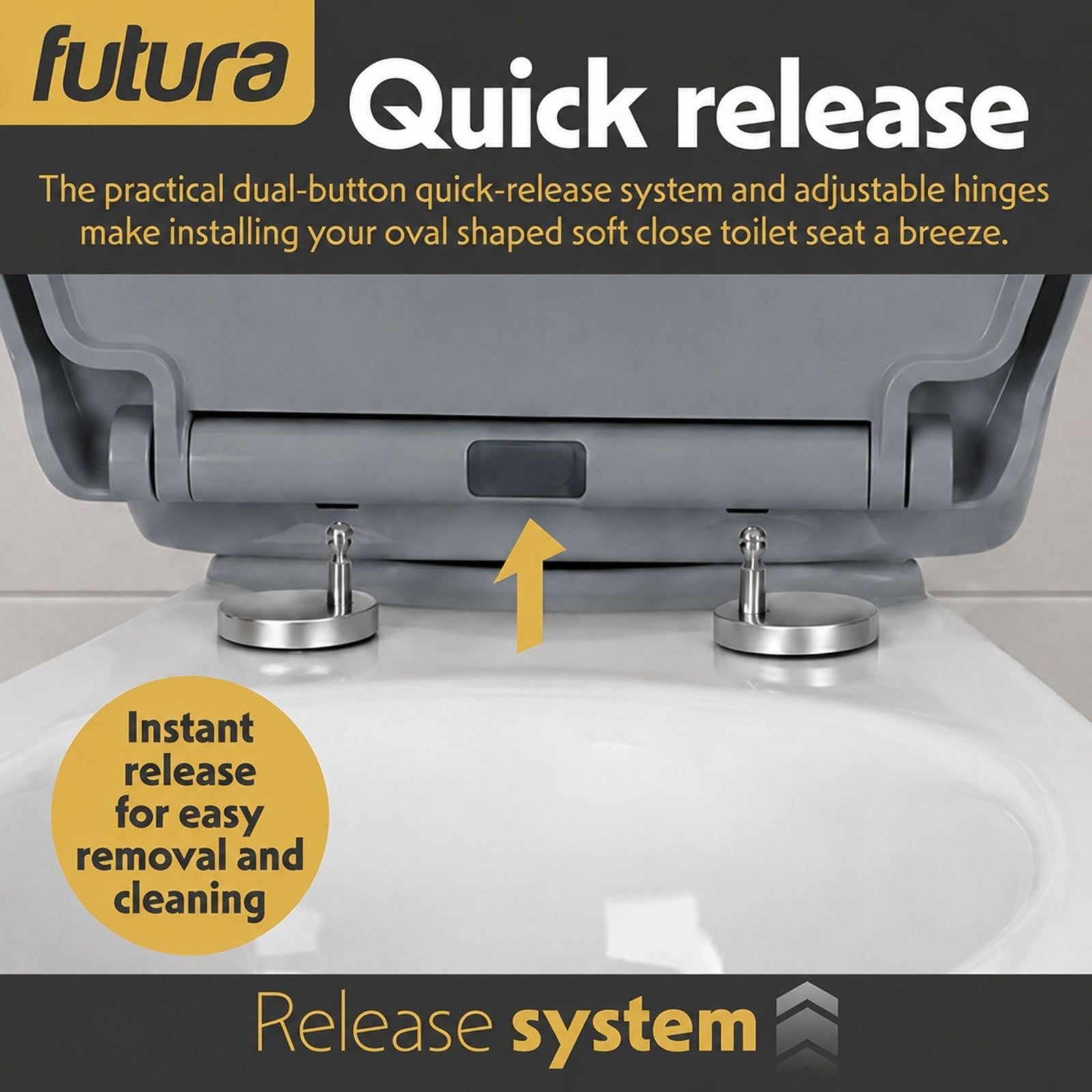 Toilet Seat Soft Close Oval Shape, Premium Thermoplastic, Quick Release, Top & Bottom Fixings | Grey