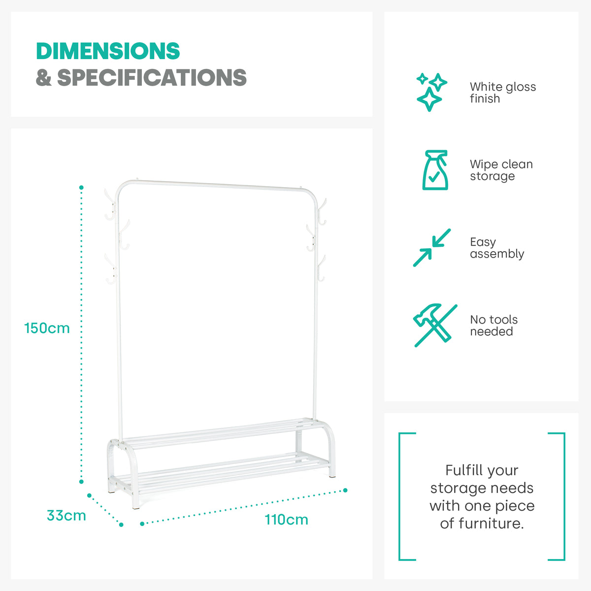 Livivo Clothes Rail Shoe Rack With 6 Hooks White Bedroom Storage Stand