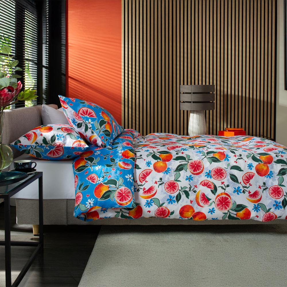 Citrus Fruits  200 Thread Count Printed Reversible Cotton Rich Duvet Cover Set | Single | Blue