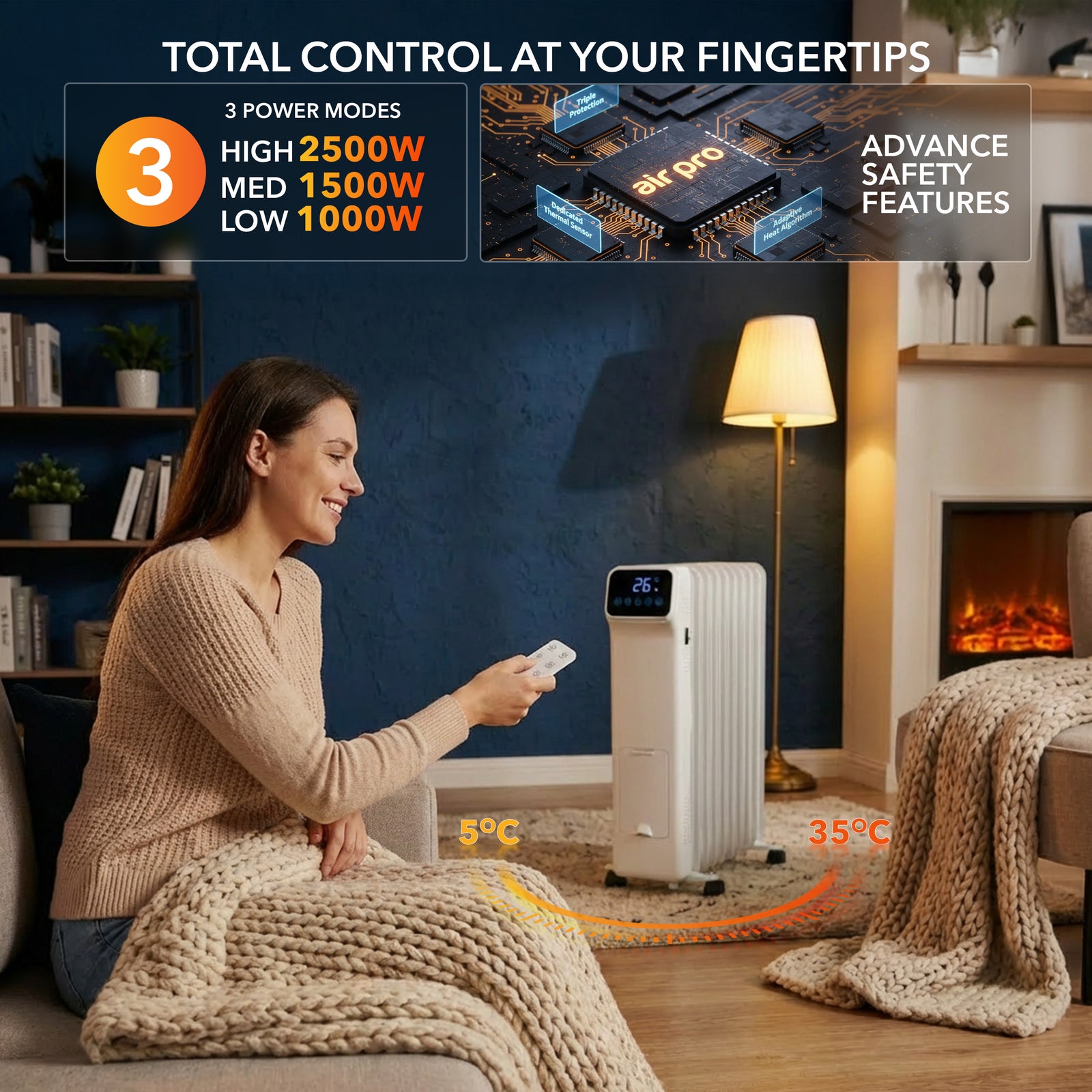 Oil-filled Electric Radiator 2500w With Thermostat, 9 Hour Timer | White