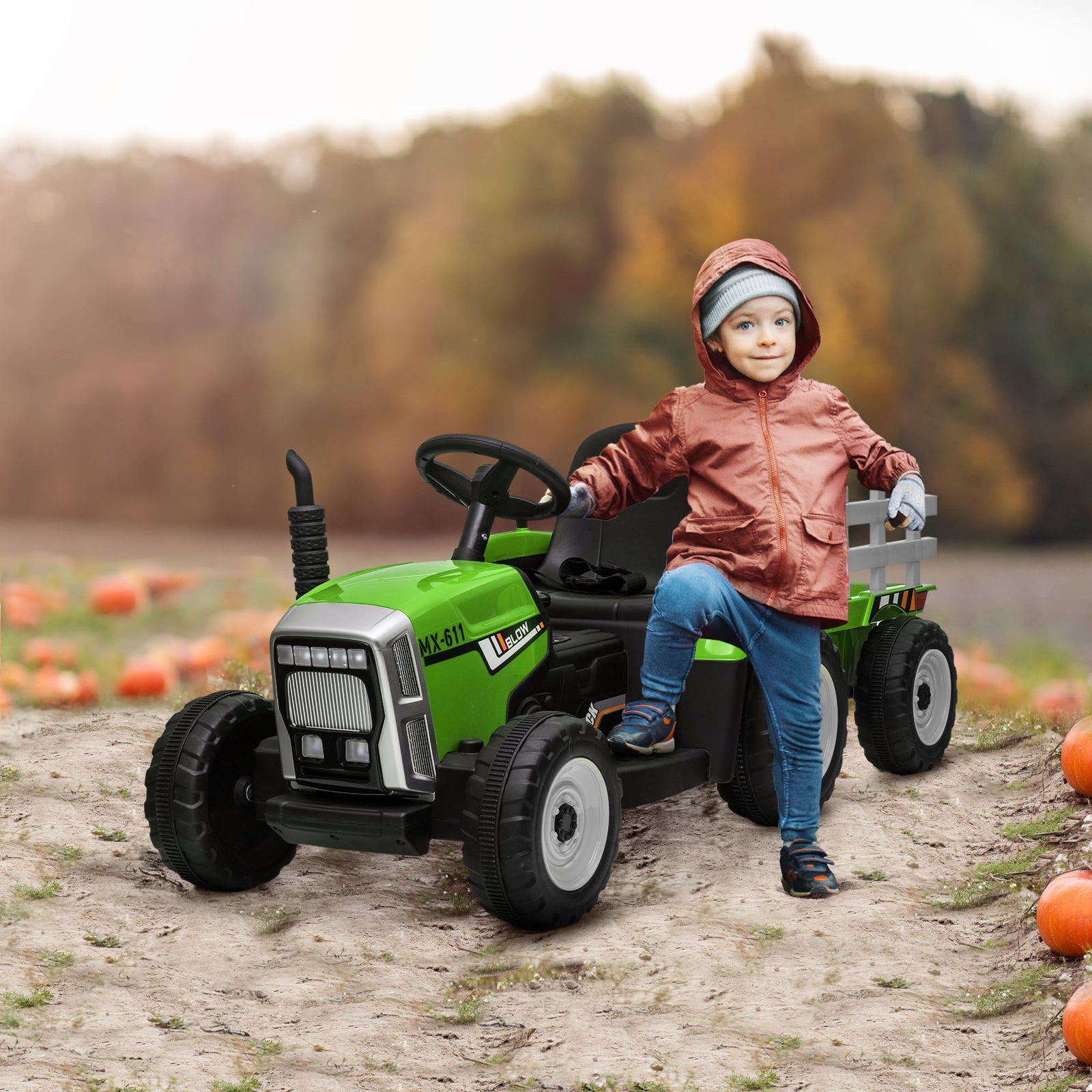 Ride On Tractor With Detachable Trailer, Remote Control, Music | Green