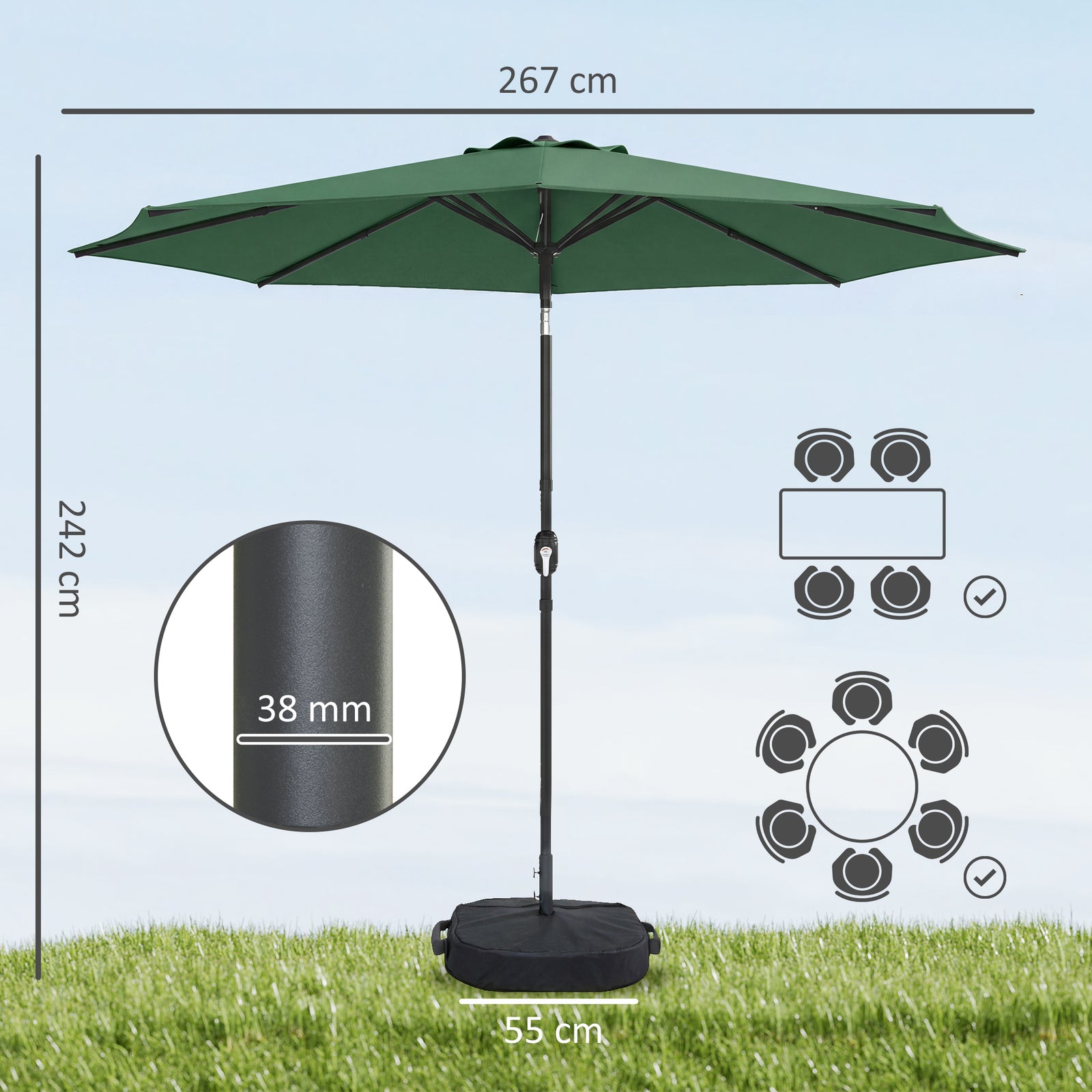 2.7 M Garden Parasol Umbrella With Cross Base, Sandbag | Green
