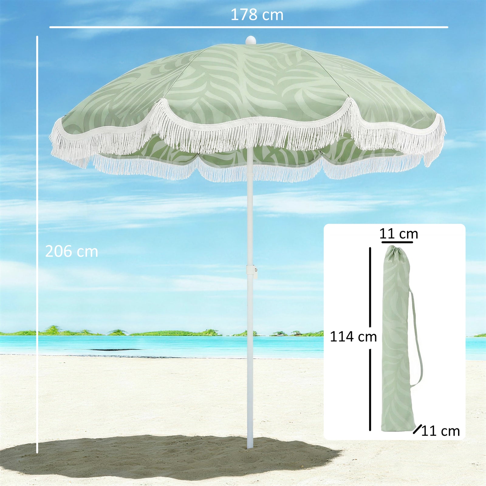 1.8 M Beach Umbrella Parasol With Sand Anchor, 30 Tilt | Green