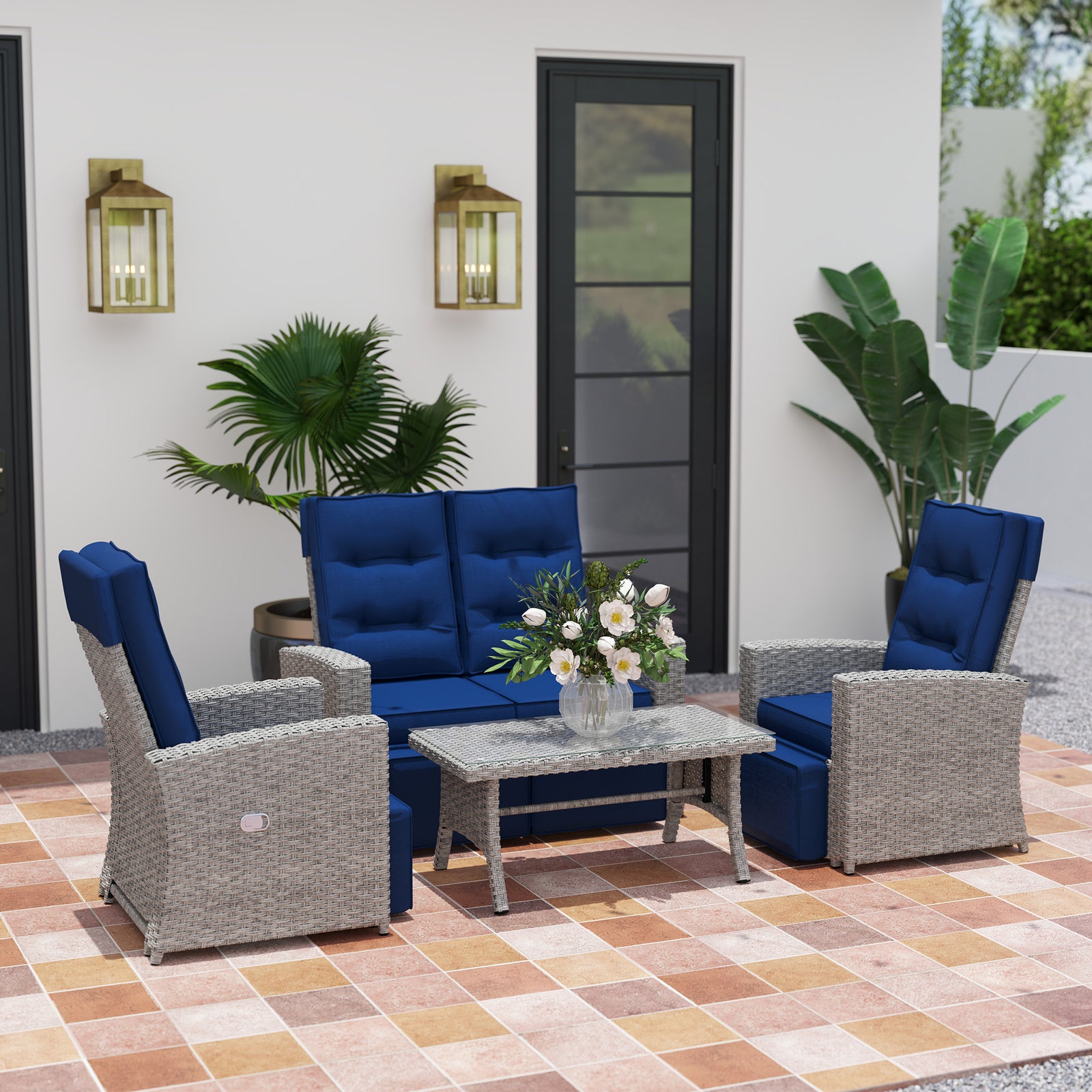 4 Piece Rattan Garden Furniture Set W/ Sofa, Glass Table