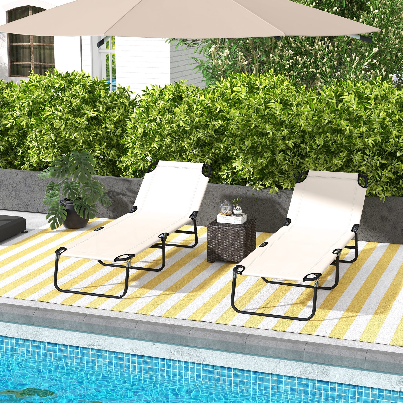 Set Of 2 Folding Beach Chairs W/ Adjustable Back | Set of 2 | Cream