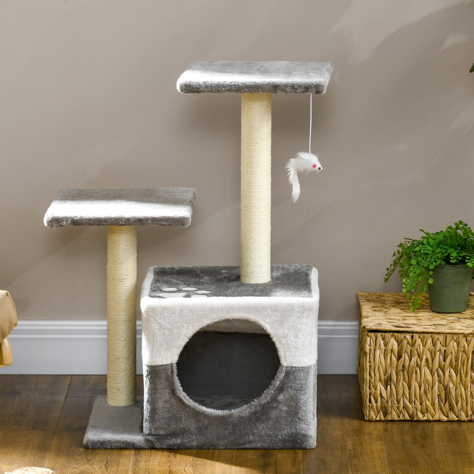 Cat Tree W/ Sisal Scratching Posts, House, Perches, Toy Mouse | Gray