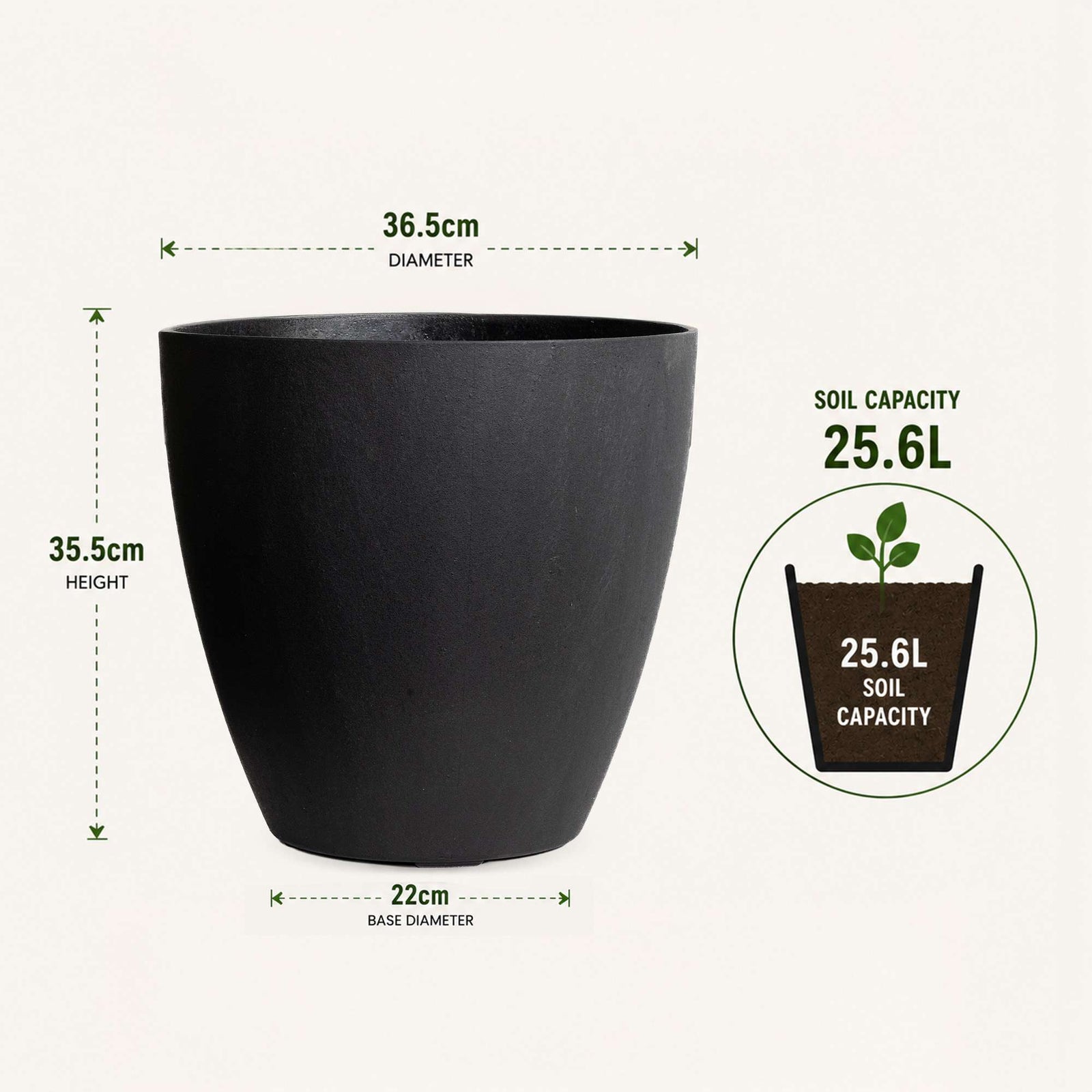 36cm Tall Round Plain Black Rubber Planters - Indoor Outdoor Planter | Set-of-2