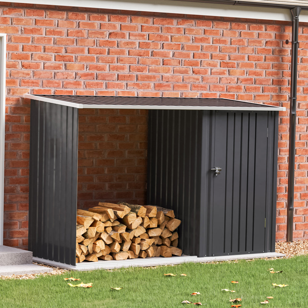 2.5m W Steel Outdoor Garden Storage Shed With Log Stacking Rack | Charcoal Black