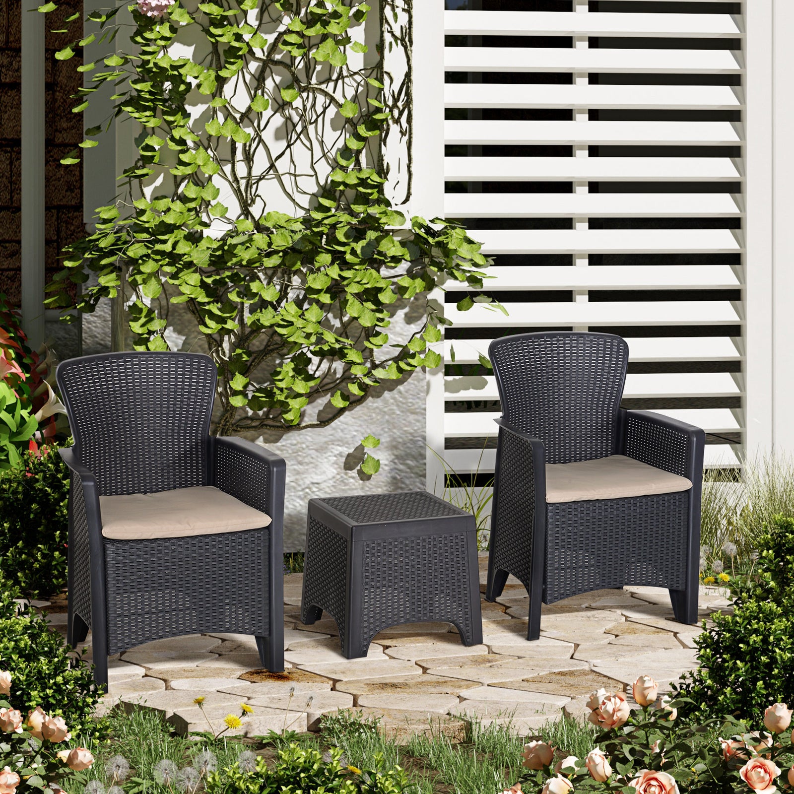 3-pcs Conversation Set Rattan Sofa Furniture Set W/ Cushion