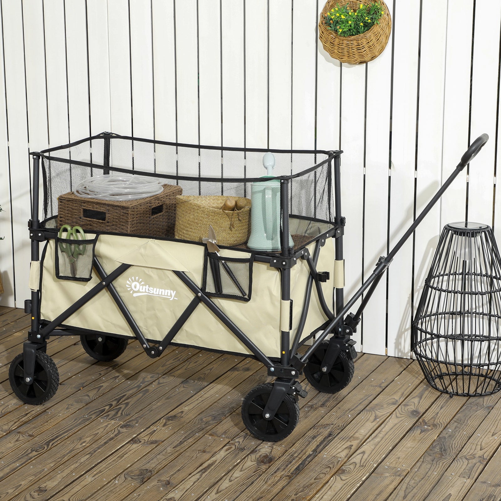 180l Folding Garden Trolley Wagon With Extendable Side Walls | Khaki
