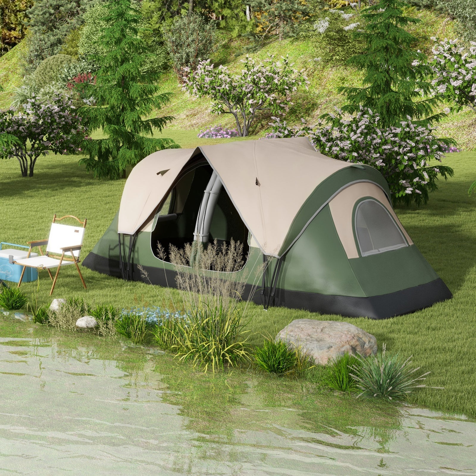 2 Room Camping Tent With Waterproof Rainfly & Screen Panels | Green