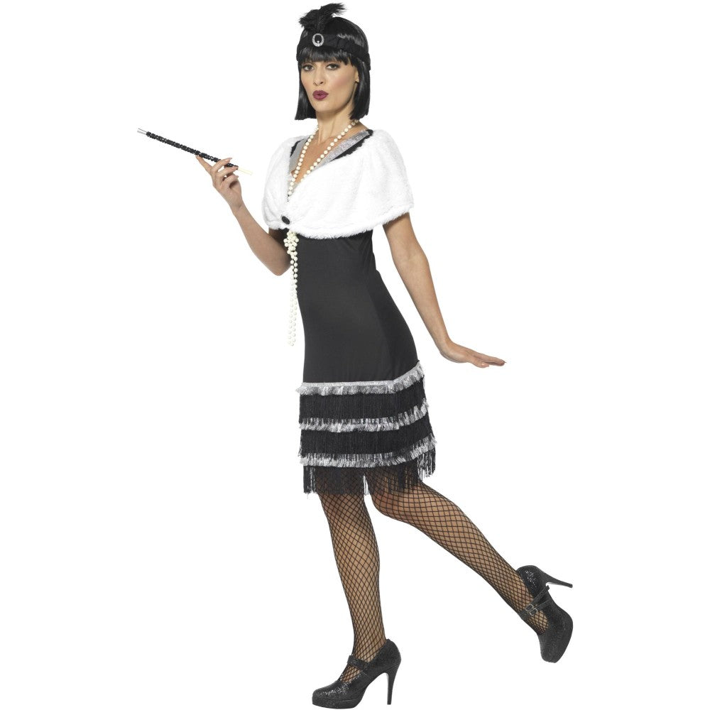 Flapper Costume, Black, With Dress & Fur Stole | Medium